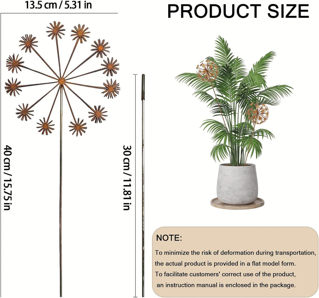 Rustic Dandelion Garden Stakes 2 Pack, 3D Rusty Metal Flowers Sculpture | Decorative Garden Stake, Outdoor Yard Art