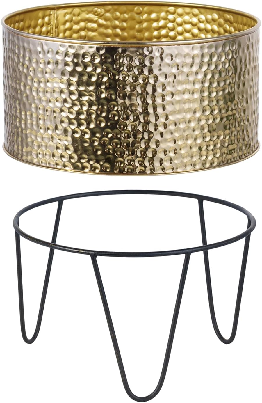 MyGift Modern Brass Metal Plant Containers with Matte Black Stands, 2 Pc | Handcrafted in India, textured planters with