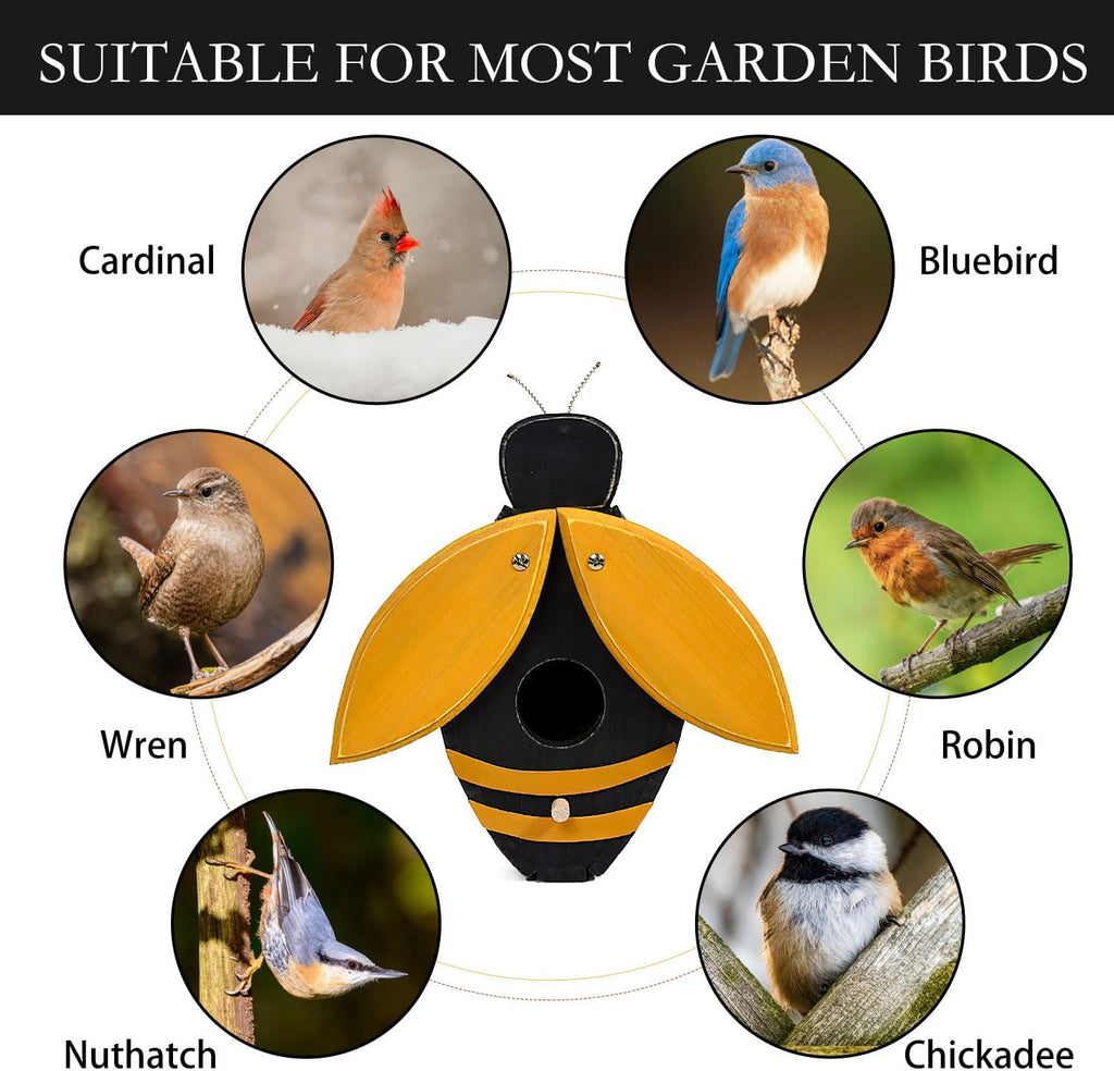 Bee Shaped Wooden Birdhouse - Handmade Bird Houses for Outside - Cute Bee Design for Garden Decoration