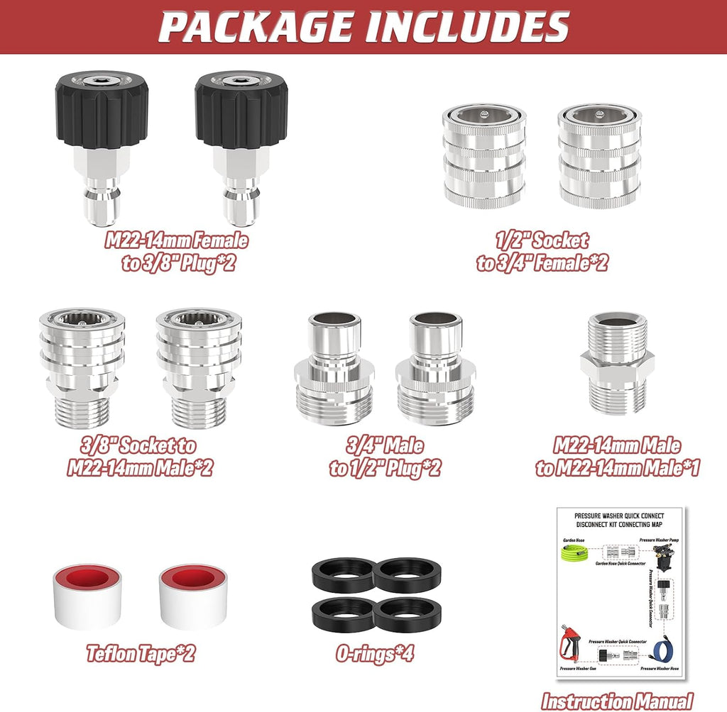 3/8" Pressure Washer Quick Connect Kit, M22-14mm Swivel Fitting | 3/8" Adapter Set, Stainless Steel 3/4" to M22 to 3/8"