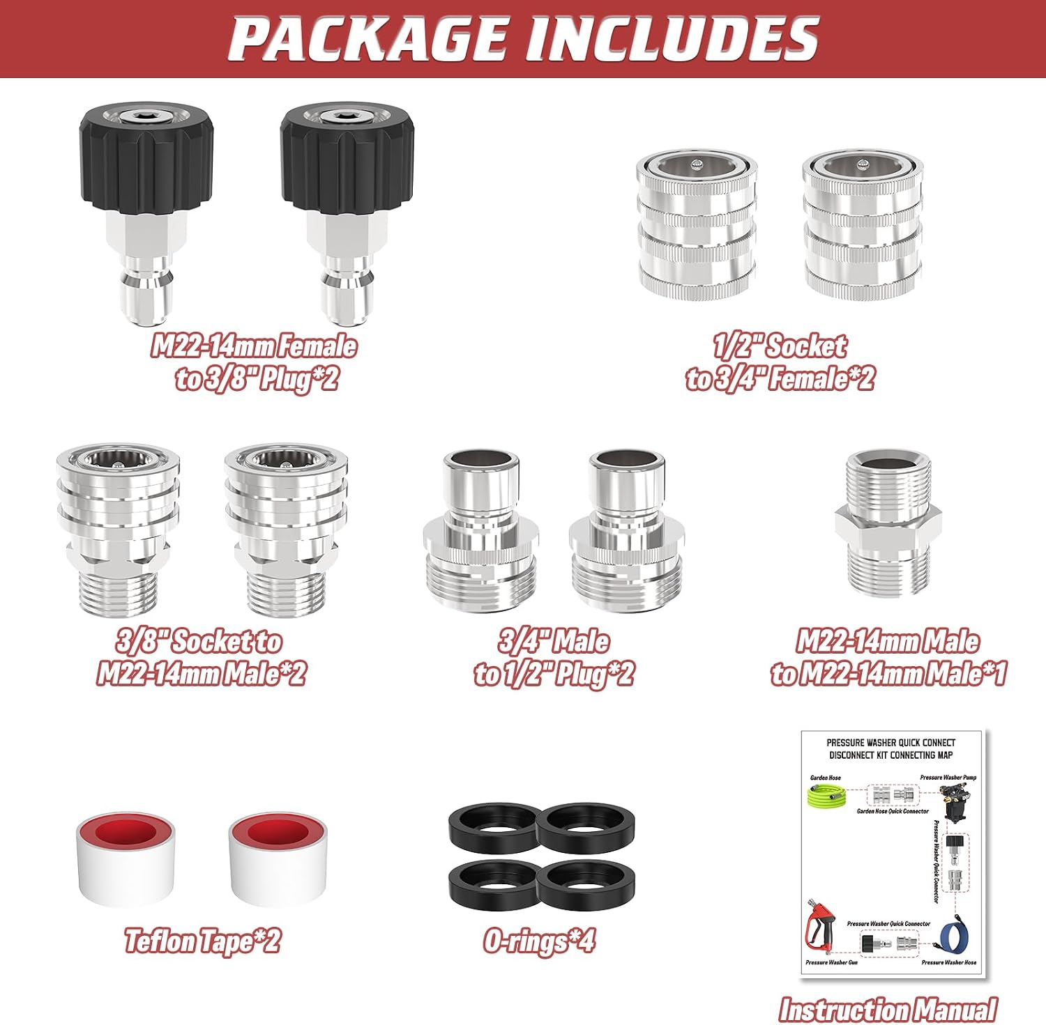 3/8" Pressure Washer Quick Connect Kit, M22-14mm Swivel Fitting | 3/8" Adapter Set, Stainless Steel 3/4" to M22 to 3/8"