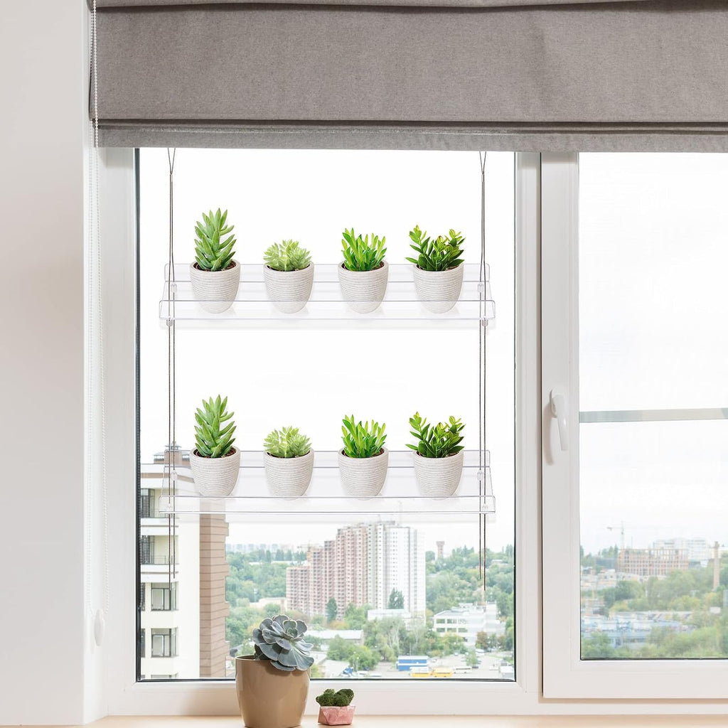 Sumerflos 2-Tier Acrylic Window Boxes Plant Shelves for Window of Kitchen, Bedroom, Living Room, 16 Inch Wall Flower