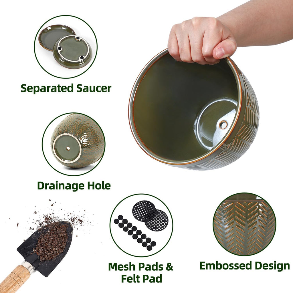 Sureasy 6.5 Inch Ceramic Plant Pots, Embossed Decorative Planters with Drainage Hole and Saucer, Modern Flower Pots for