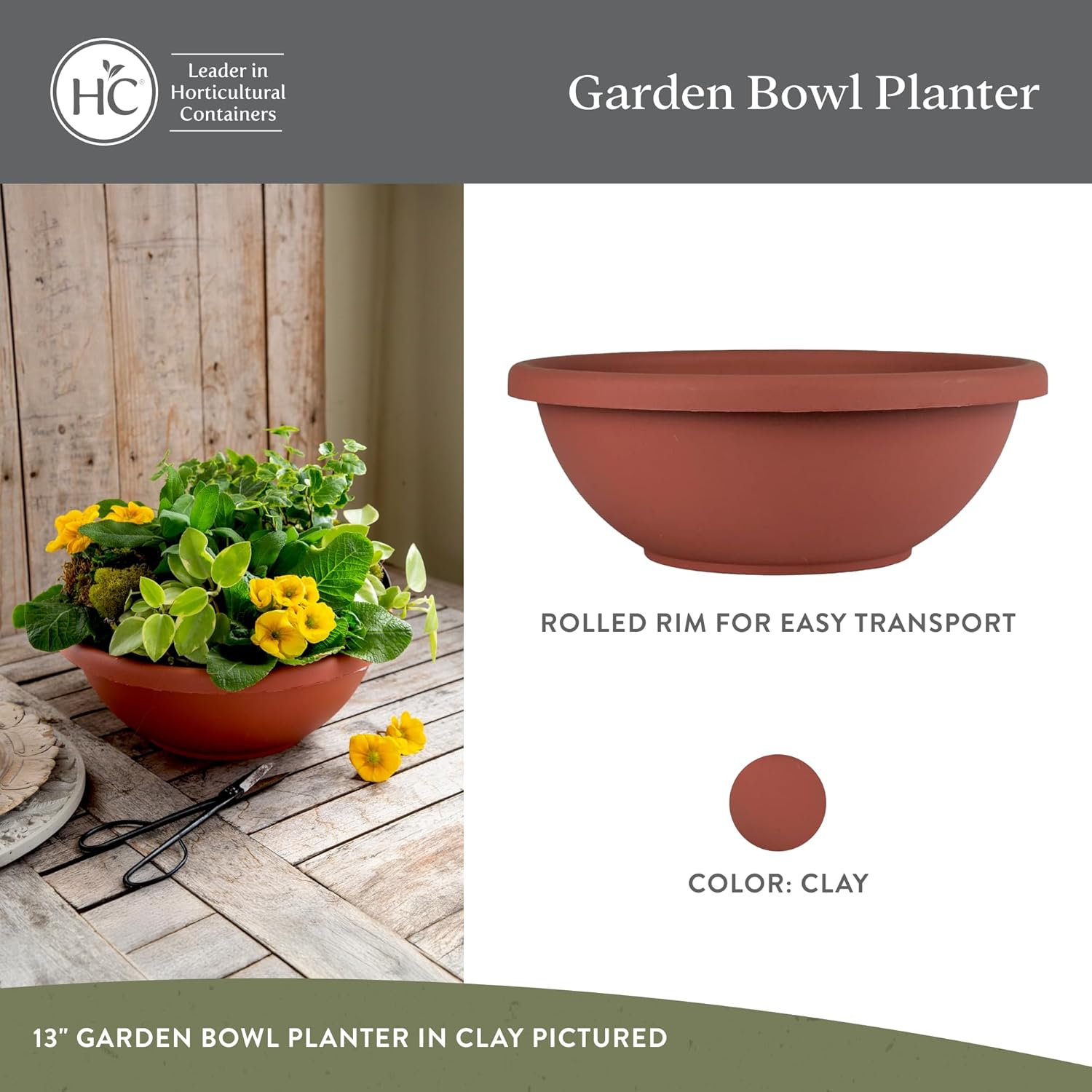 The HC Companies Shallow Planter with Drainage - Contemporary Garden Bowl Planter for Flowers, Herbs & More - Round