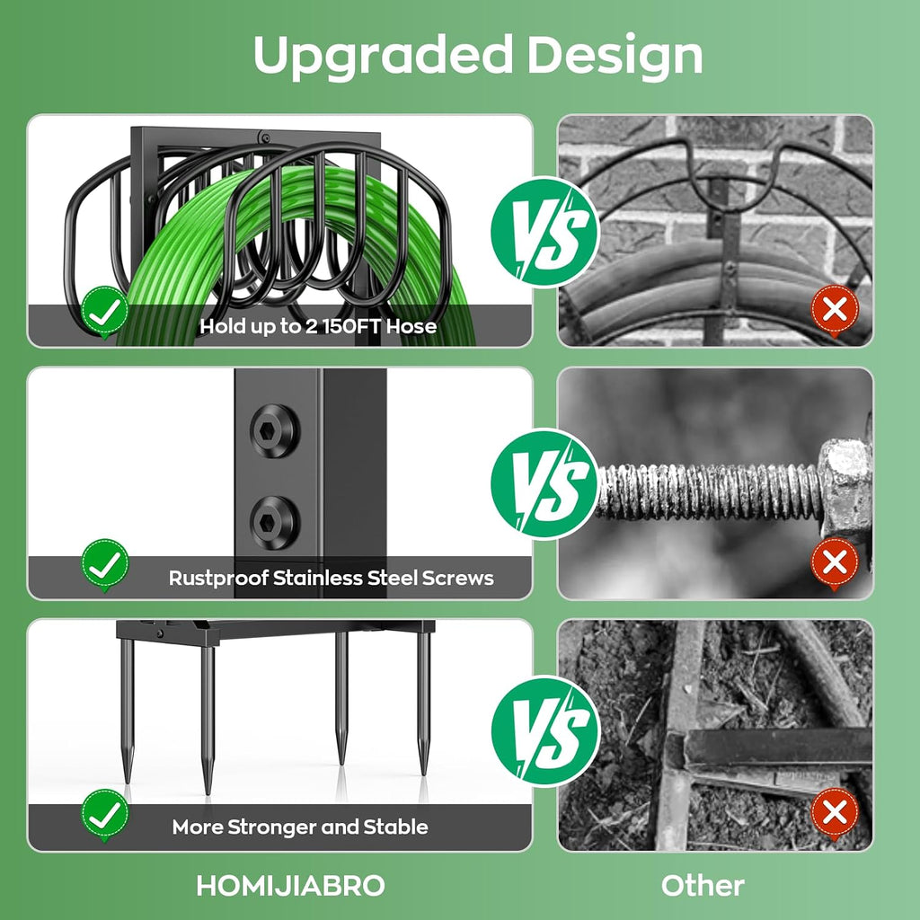 Garden Water Hose Holder Holds 2 * 150Ft Hoses, Heavy-Duty Metal Freestanding Hose Holder with 4 Spikes, Rustproof