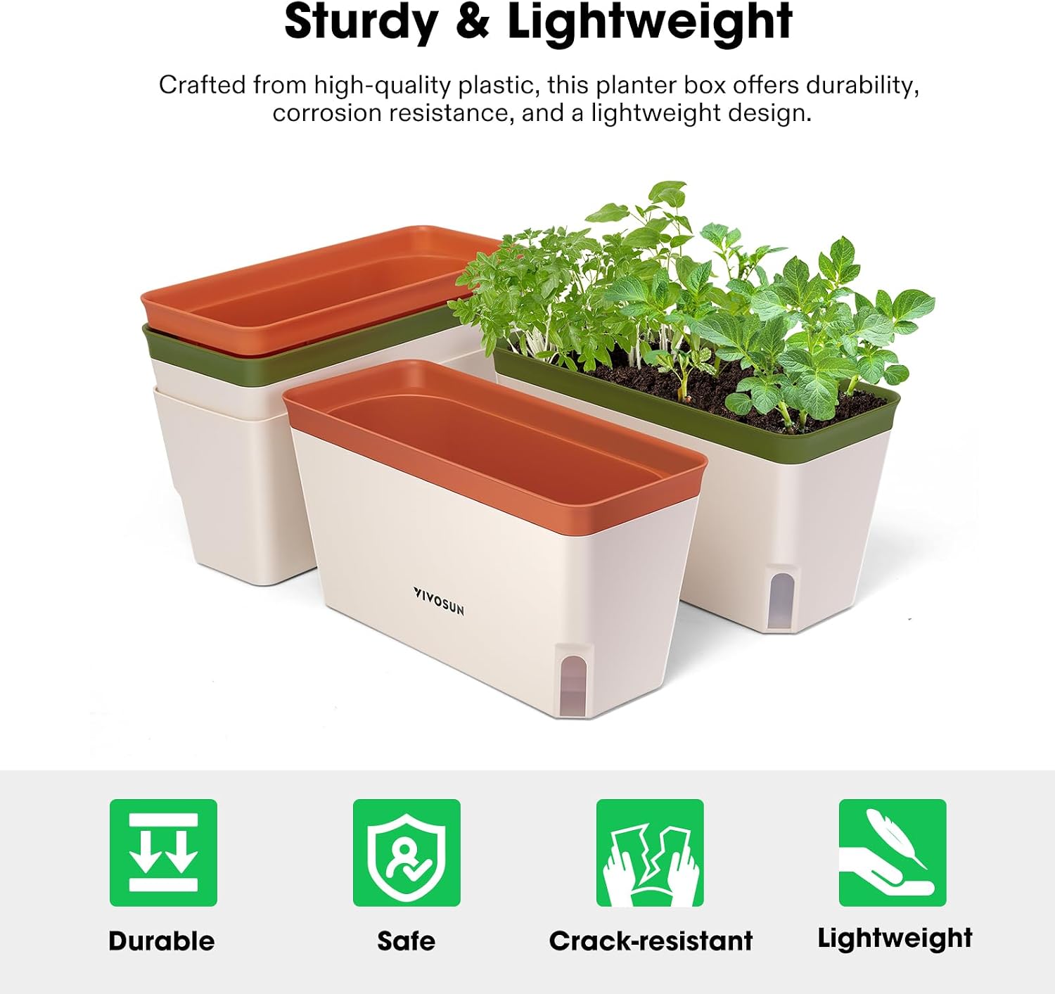 VIVOSUN Self-Watering Planters, 4-Pack 10.5 in Window Herb Planter Box | Compact Rectangular Planter Box with 10 PCS