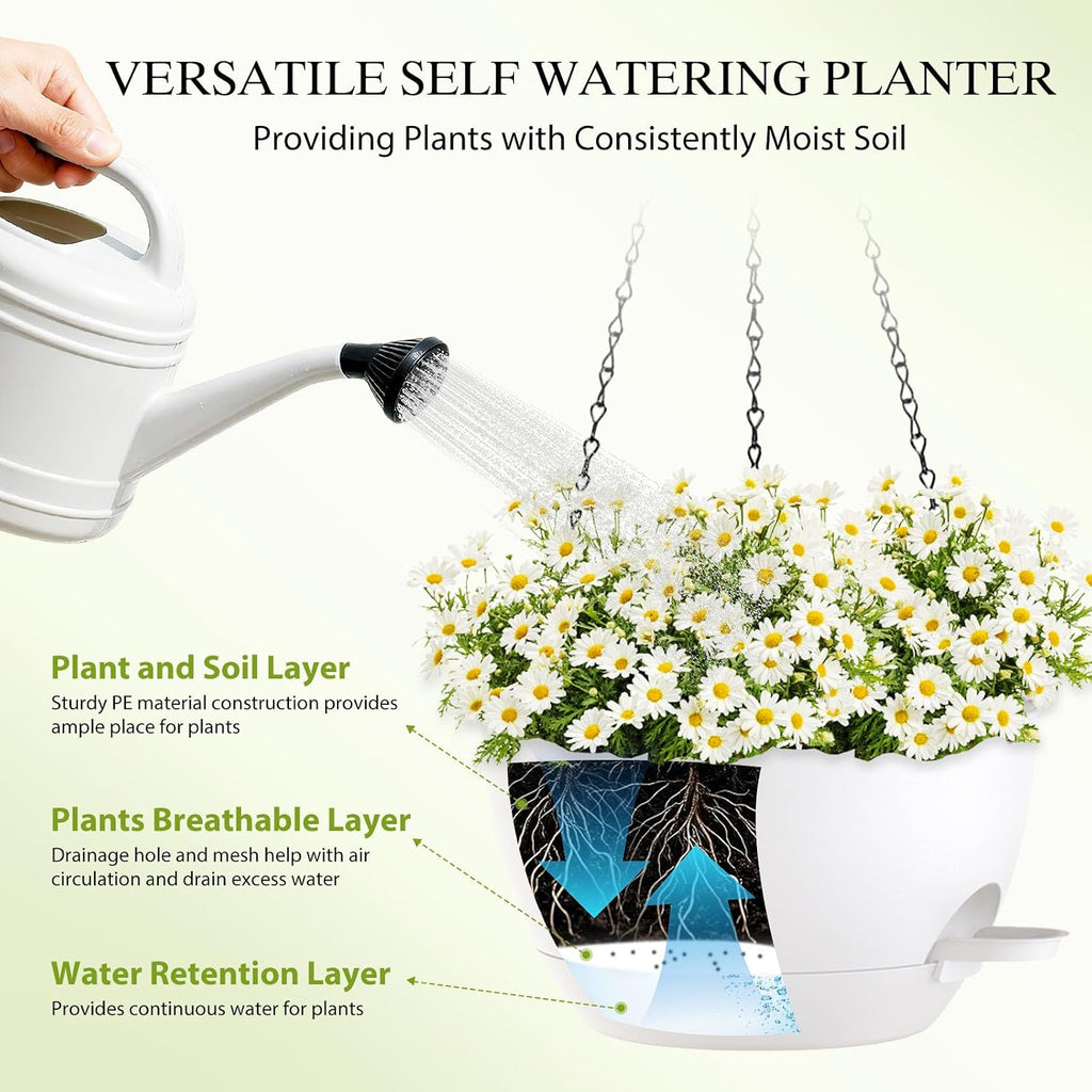 12 Inch Hanging Baskets 2 PC with Chains, Self-Watering Hanging Planters for Indoor Outdoor Plants, Plastic Hanging