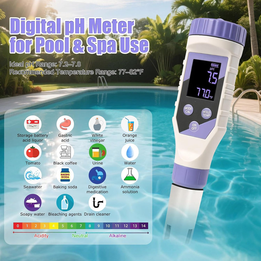 7-in-1 Digital Pool Water Tester – Chlorine, pH,Salt,ORP, EC, TDS&Temp Meter for Saltwater Pools, Hot Tubs, Spas