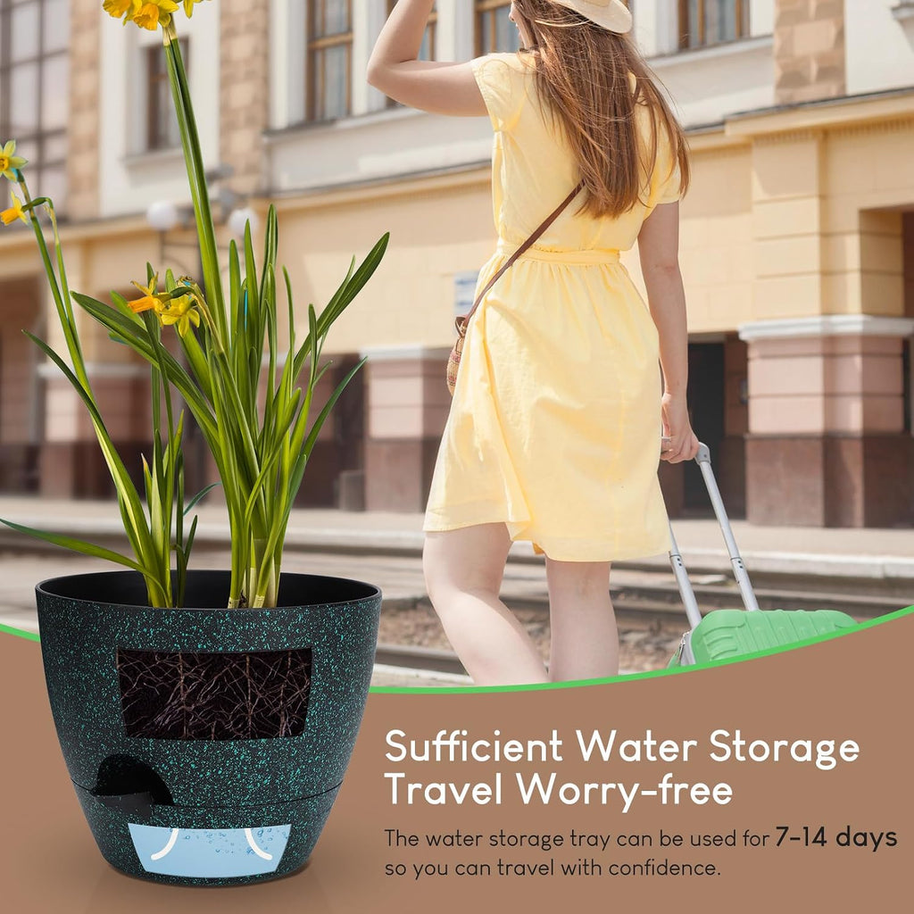 YNNICO Plant Pots 10/9/8/7.5/7 inch, Self Watering Planters with Drainage Holes & Saucers for Indoor and Outdoor Plants