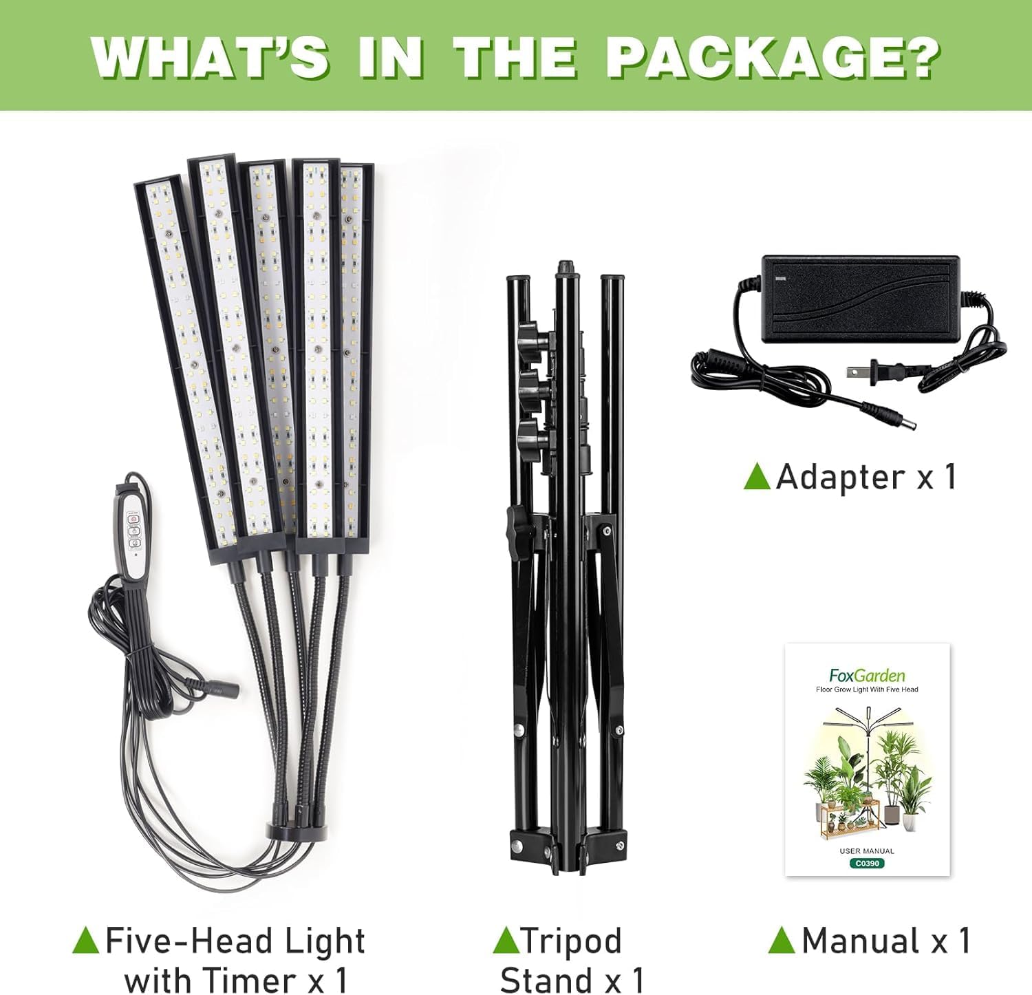 FOXGARDEN Grow Lights for Indoor Plants 5-Head Full Spectrum with Tripod Stand, Timer, Dimmable Flexible Goosenecks for