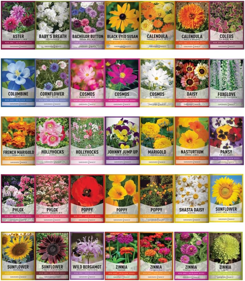 Gardeners Basics 35 Variety Heirloom Flower Seeds for Planting Outdoors | 35 annual and perennial varieties; over