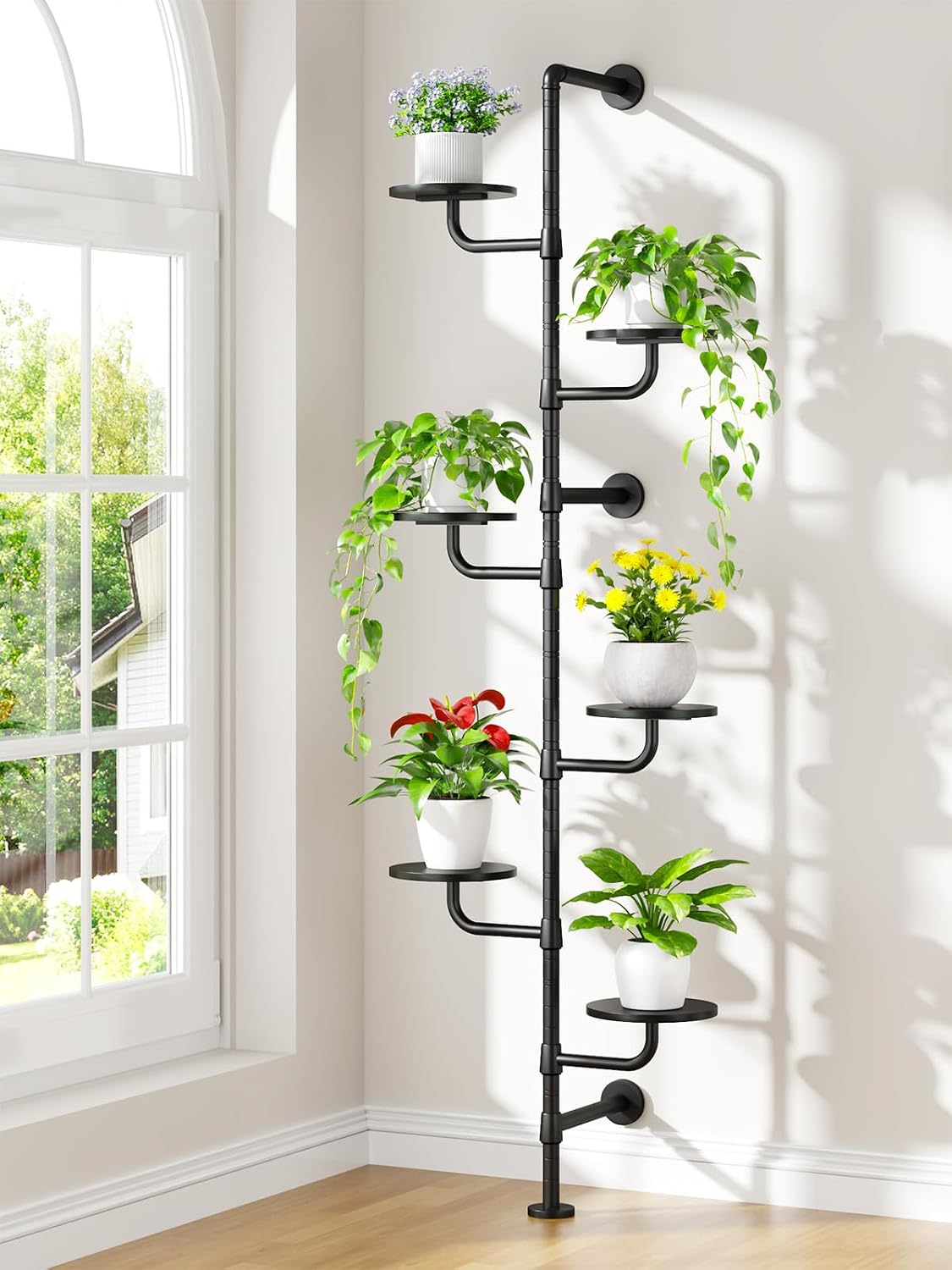 Plant Stand Indoor, Tall Wall Mounted Metal Pole, 6-Tier, Black | Rotating Wooden Board Plant Holder for French Window