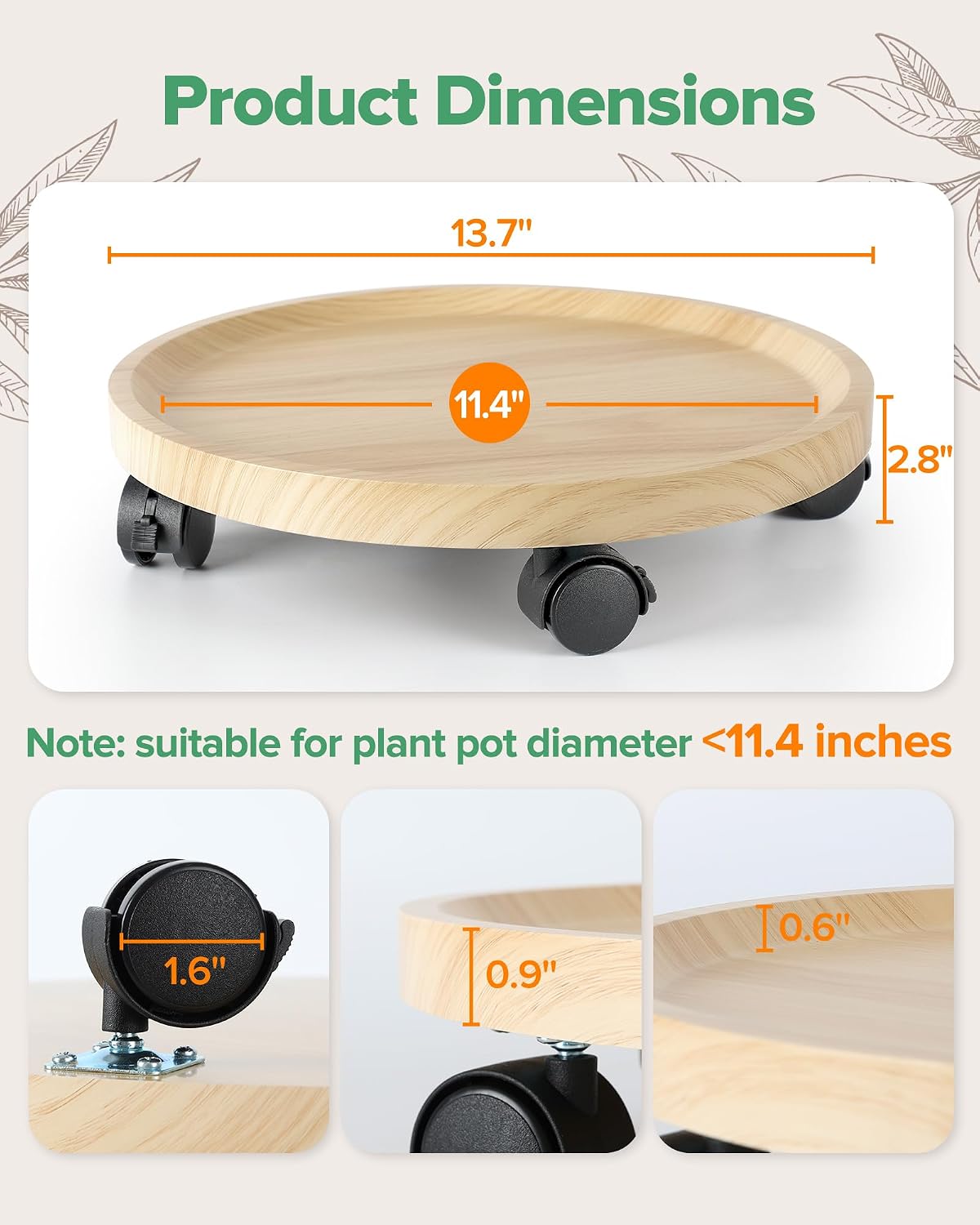 2 Pack Plant Caddy With Wheels, 14" Wood Rolling Plant Stand with 360° Lockable Wheels, Plant Stands Outdoor for Large
