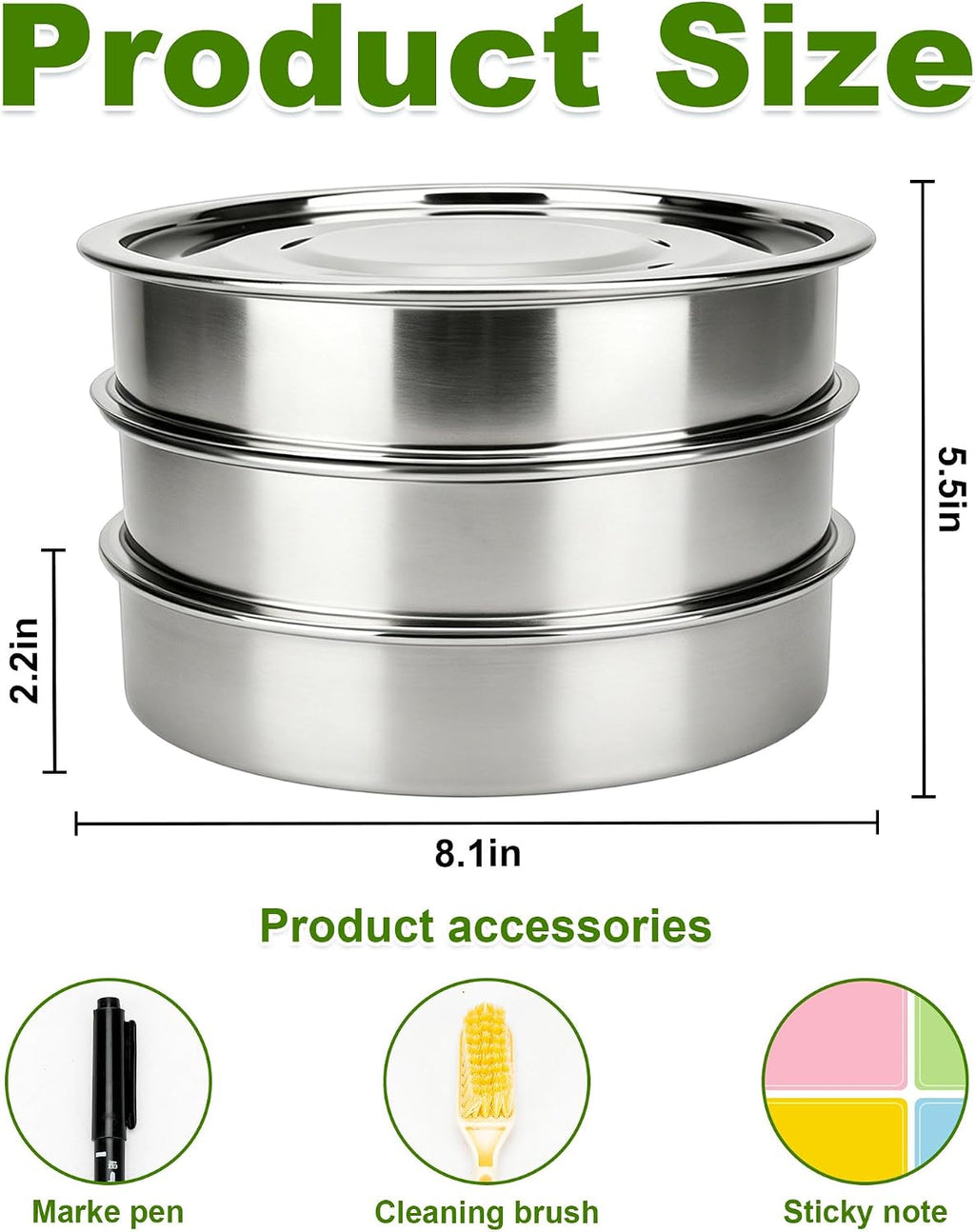 AKAZA 9 Inch Stackable Stainless Steel 3-Tier Mesh Seed Sprouting Kit | 1 Base and 1 Cover Lid with Pen, Brush and