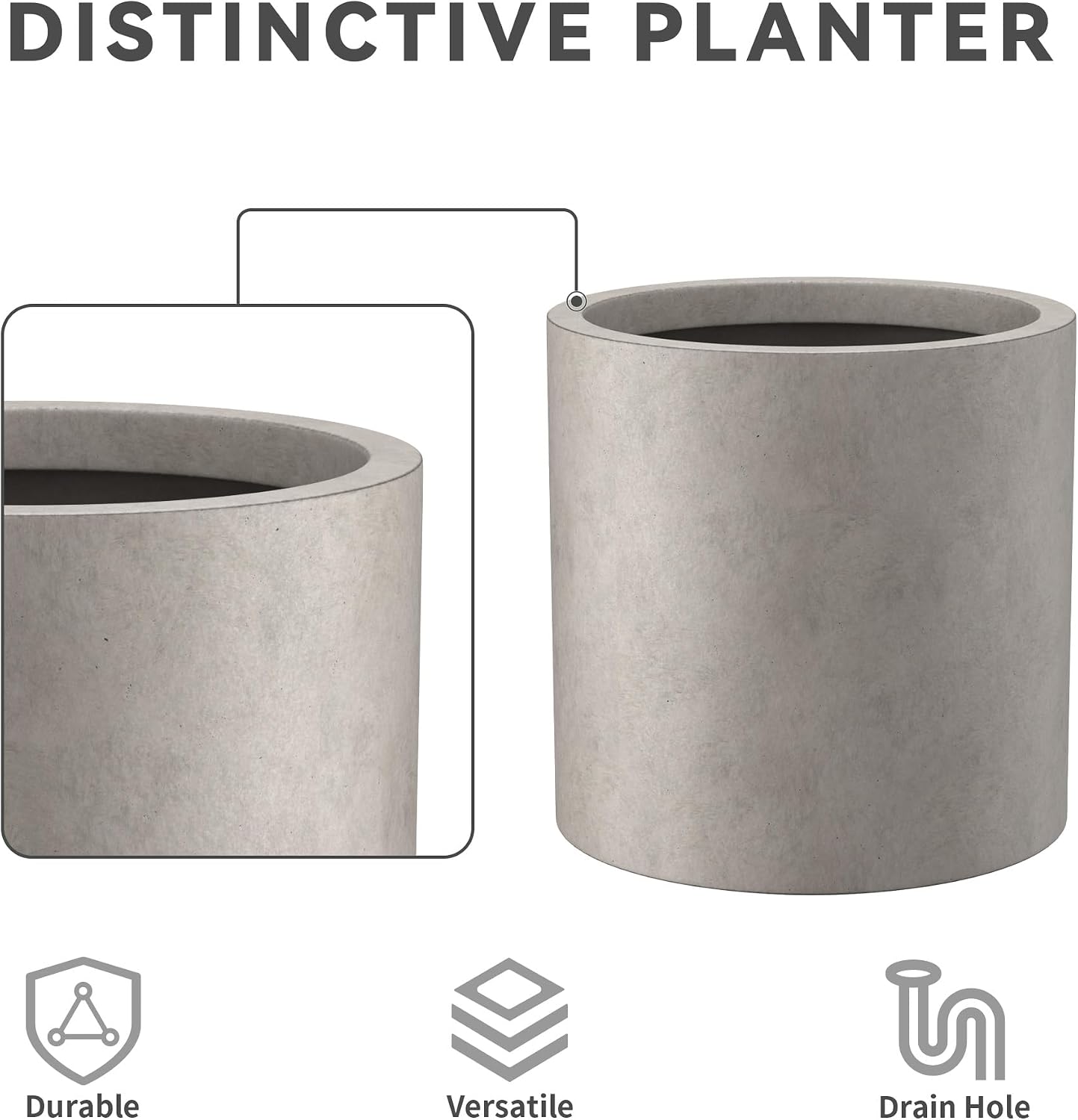 Kante Small Round Cylinder Weathered Concrete Planter 9.8" Tall, Outdoor | Rubber Plug for Indoor, Drainage for Garden