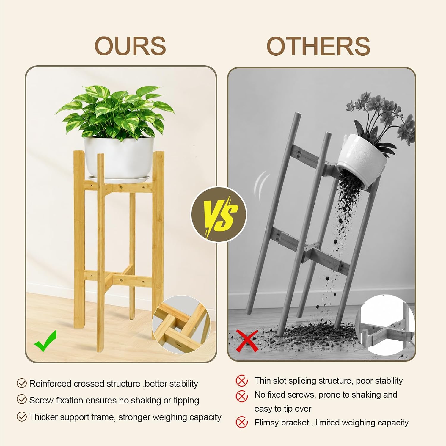 35.4” 2 Tier Bamboo Adjustable Tall Plant Stand Indoor Fits 5-12 Inch Pots | Heavy Duty ,Space-Saving ,Sturdy Corner