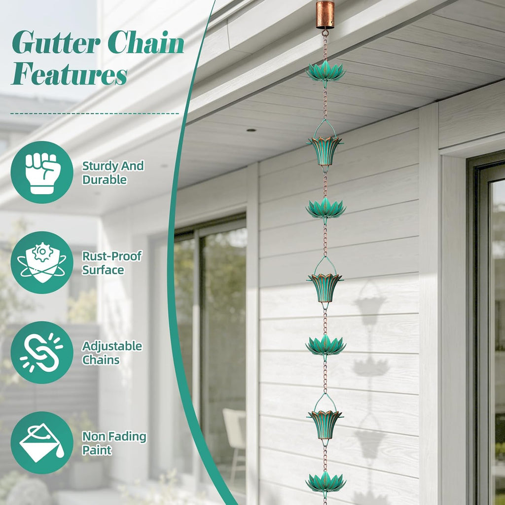 10 FT Lotus Rain Chain with Adapter for Gutters Downspouts Outside | Large Opening to Avoid Splashing, Adjustable