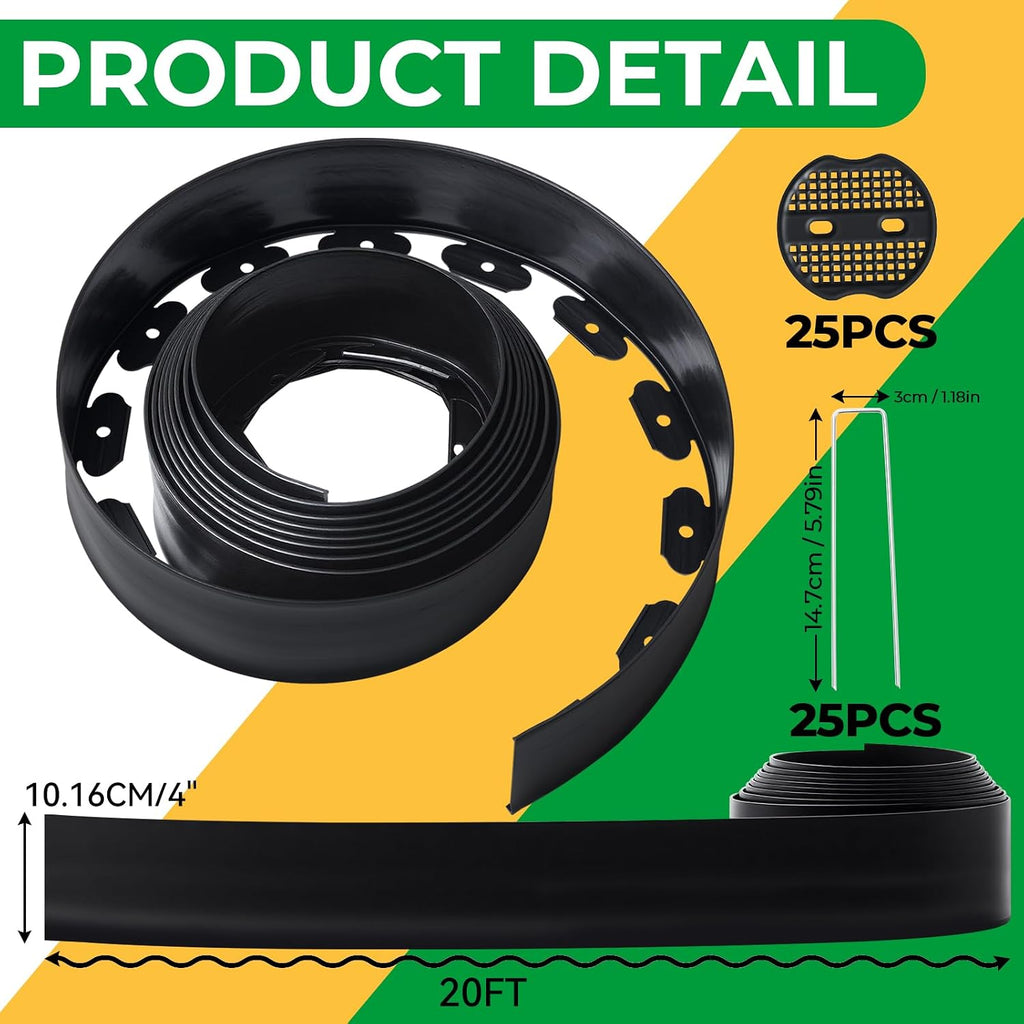 4 Inch Tall No Dig Landscape Edging, 20 FT Heavy Duty Plastic Garden Border Kit with 25 Metal Stakes, Durable