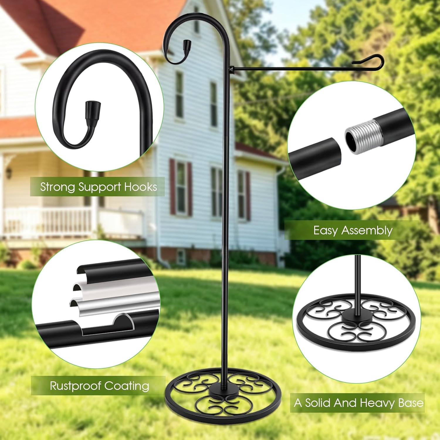 53" Heavy Duty Garden Flag Stand & Shepherds Hook, Scrollwork Anti-Tip Base | All-Weather Rustproof Coating Tool-Free
