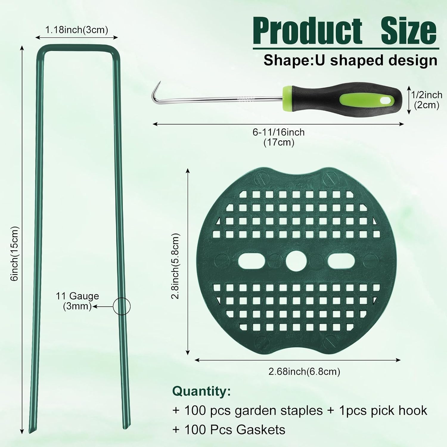 100 Pack Landscape Staples, 6 Inch, 11 Gauge | Garden Staples with Buffer Washer, Galvanized Steel, Pick Hook Garden