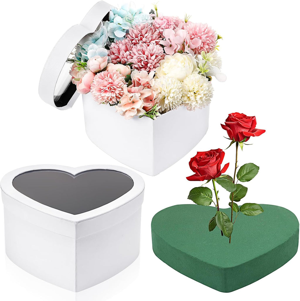Nuenen Heart Gift Boxes for Her Him with Lid & Floral Foam Set, Grad Flower Gift Box with Clear Cellophane 9.8 x 9 x 5 Inches for Wedding Bridesmaid Birthday(White)