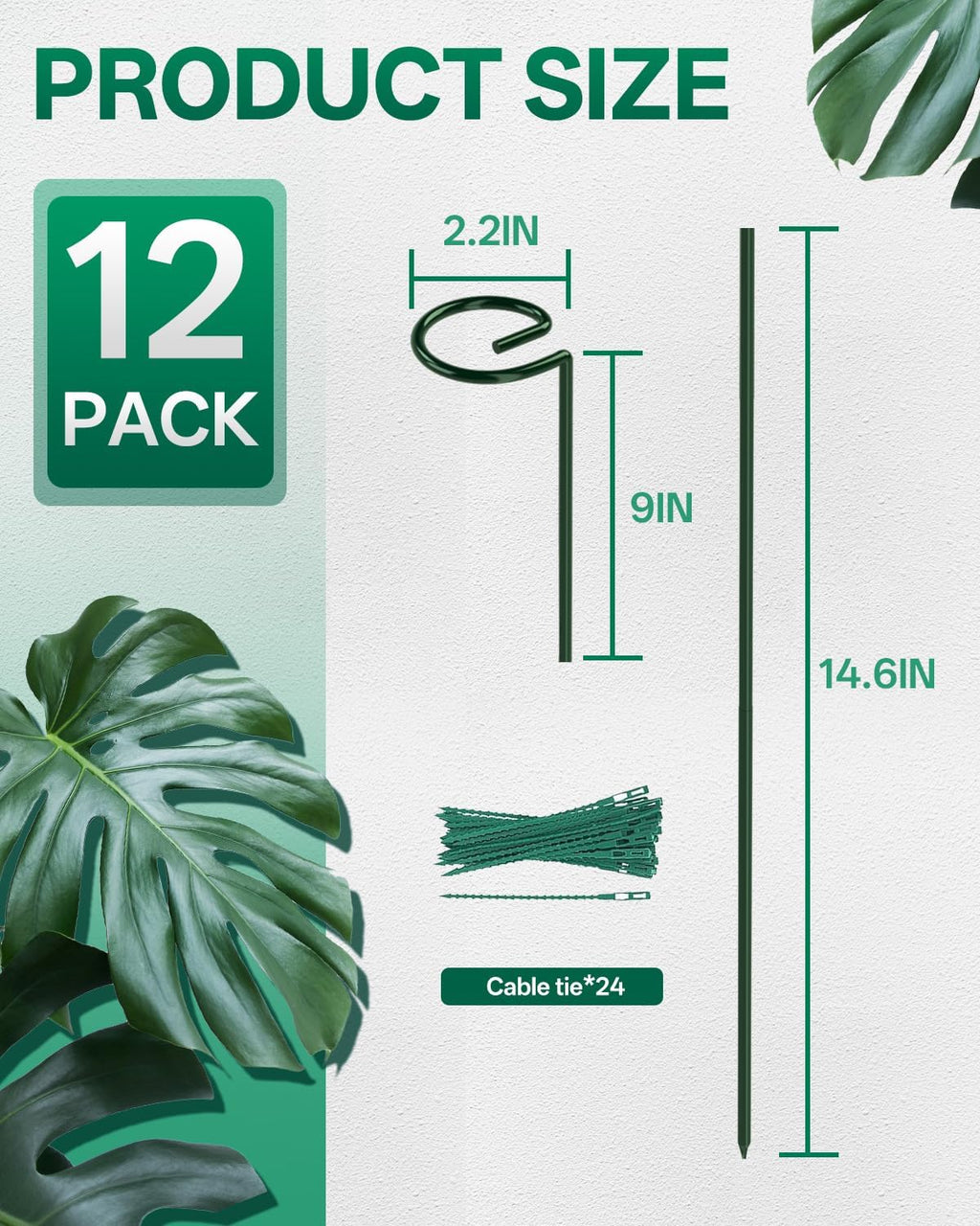 12 Pack 23.6 In Metal Plant Stakes, Plant Support Stakes with 15 Twist Tie | Adjustable Plant Supports, Flower Stakes