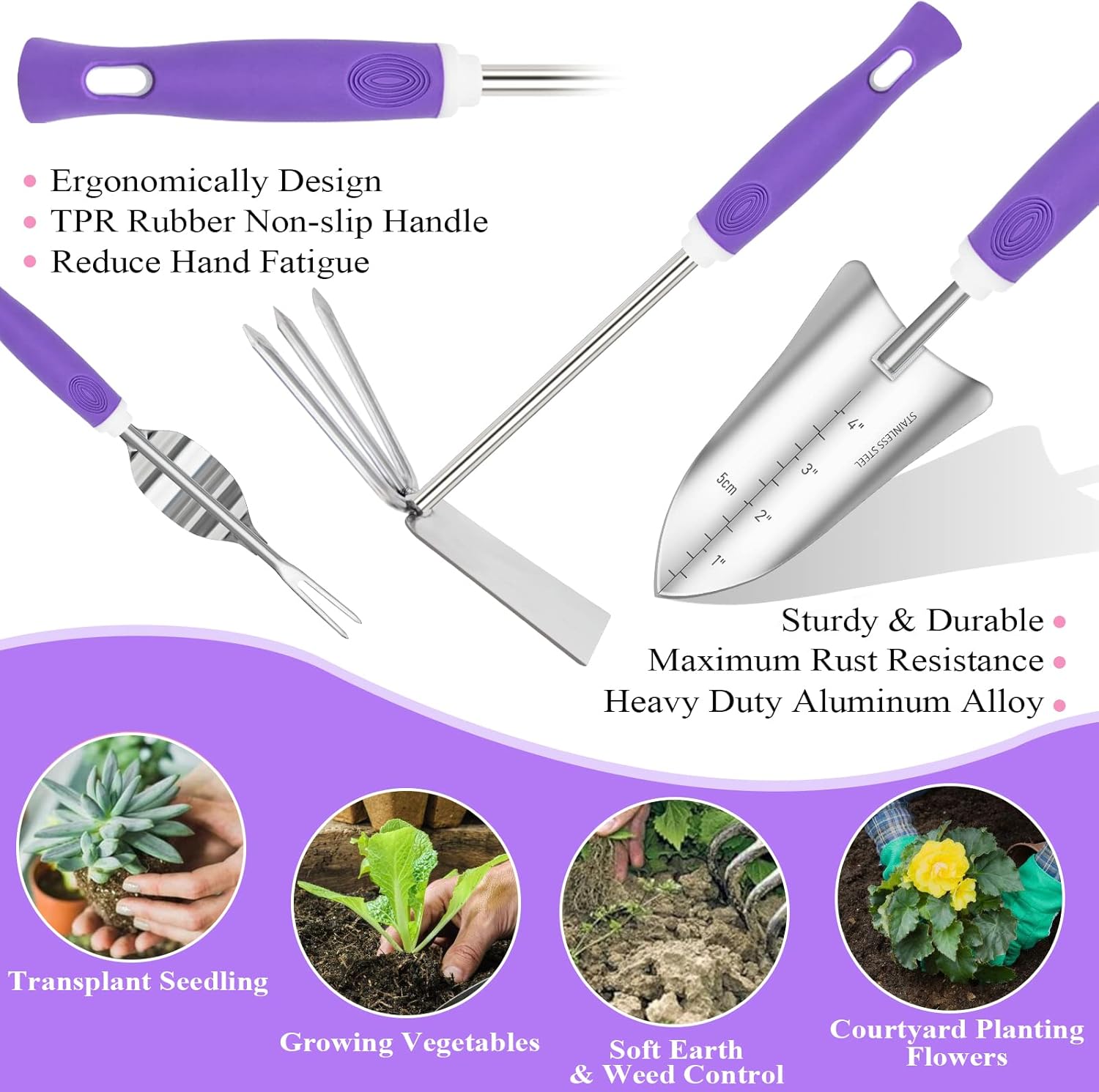 Purple Garden Tool Set Gardening Items for Women - 11PCS Heavy Duty Garden Tools with Detachable Storage Bag, Weeder