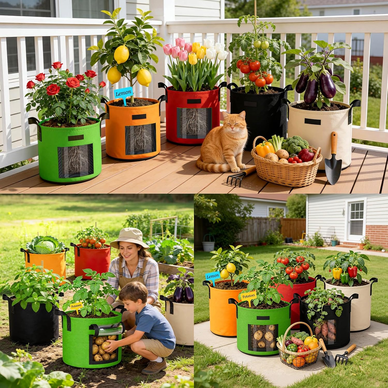20 Gallon Potato Grow Bags: 5 Pack Colorful Gardening Supplies Fabric Pots | Clear Harvest Window & Durable Handles