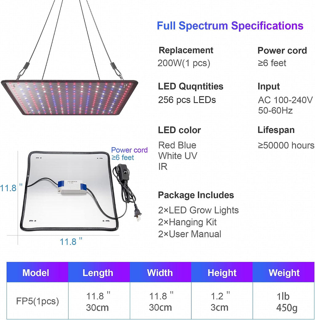 2 Pack LED Grow Light Panel Full Spectrum Lamp for Indoor Plants | with White Blue Red UV IR LEDs for 4x4ft Coverage