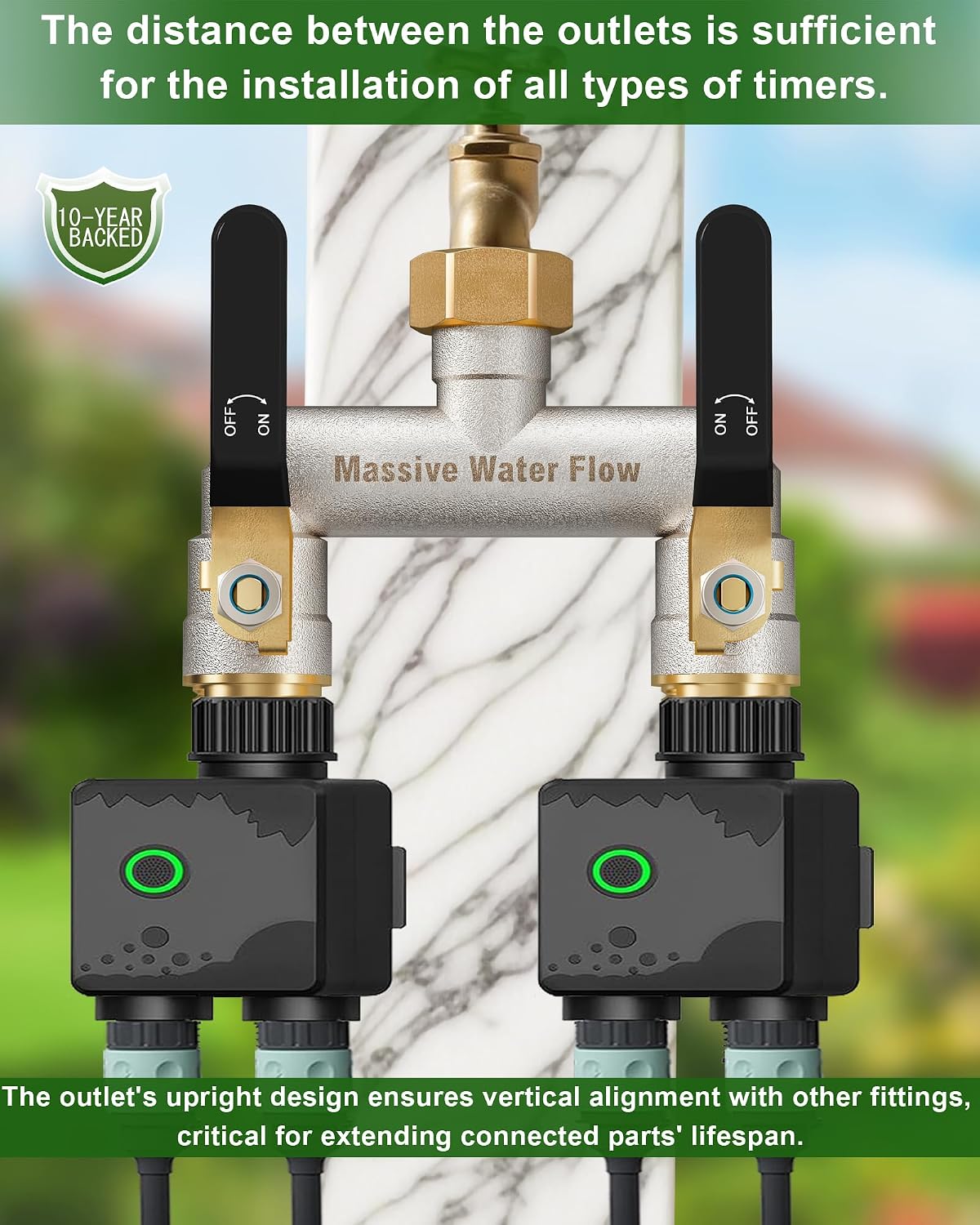 Hose Splitter 2 Way Heavy Duty, Brass Garden Hose Splitter | 304 Stainless Steel Long Handle, Full Flow Nickel Plated