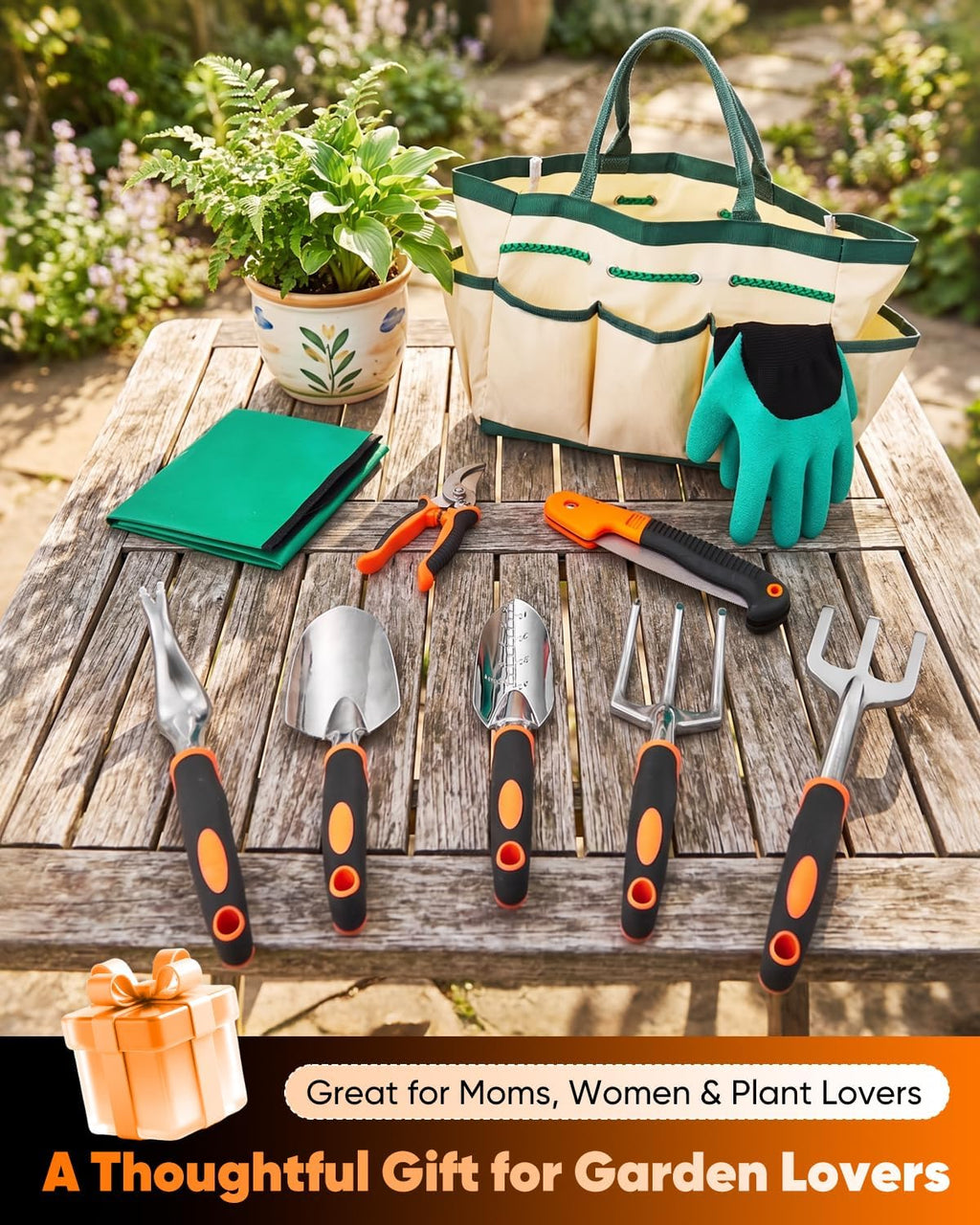 Garden Tool Set Gardening Tools - Heavy Duty Aluminum Tool Kit with Non-Slip Handle, Gardening Gloves and Tool Bag for