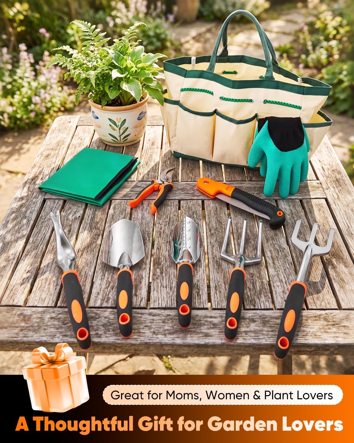 Garden Tool Set Gardening Tools - Heavy Duty Aluminum Tool Kit with Non-Slip Handle, Gardening Gloves and Tool Bag for
