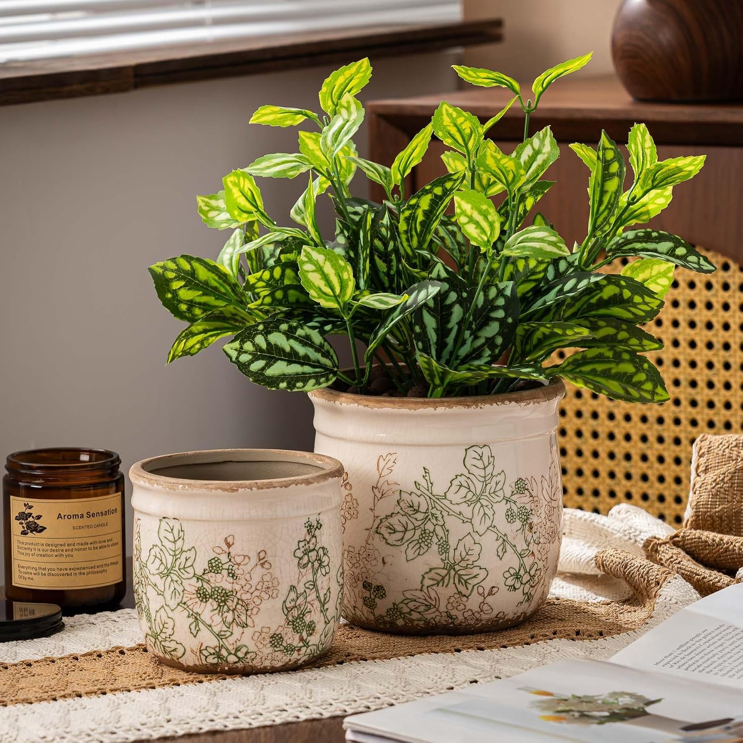 SURE YUESI Ceramic Plant Pots Set of 2, 4.7 & 5.7 Inch Vintage Indoor Planters with Drainage Hole, Farmhouse Ceramic