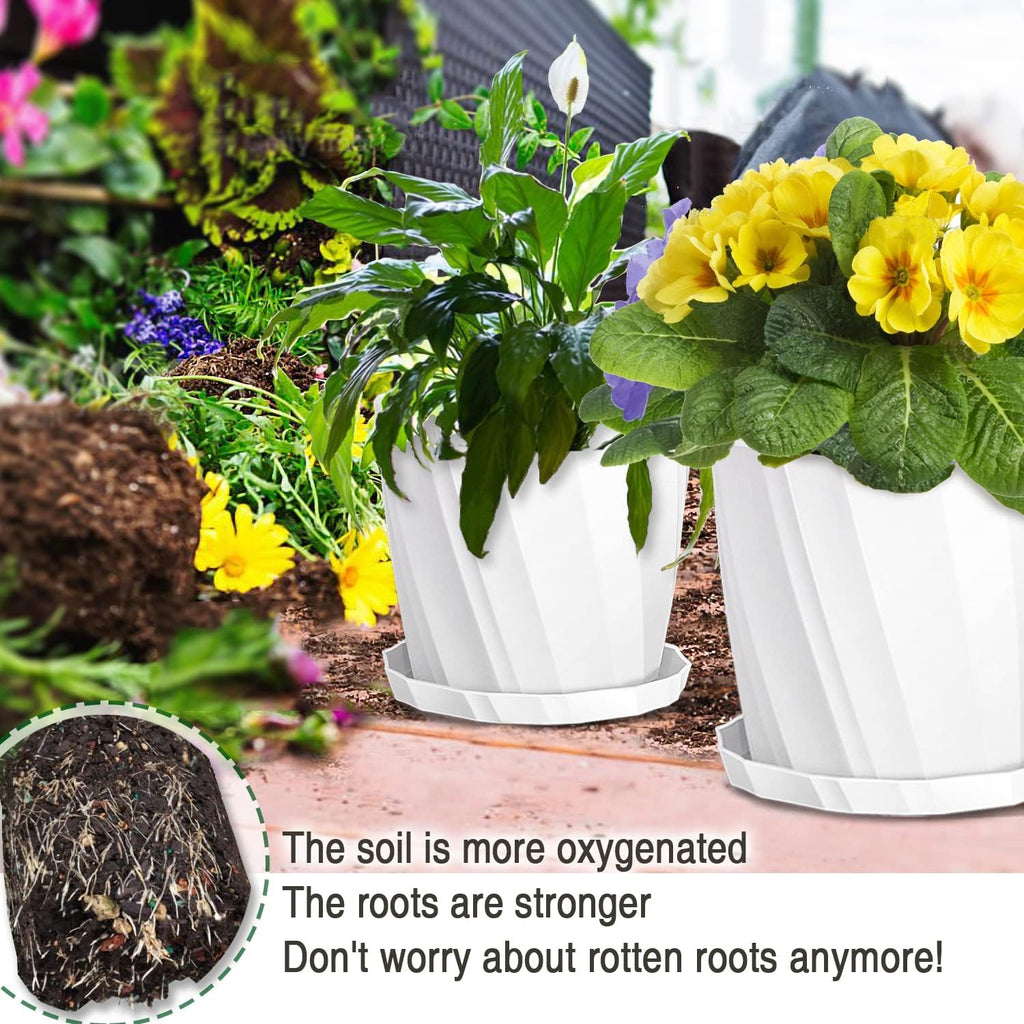8 Inch Plant Pots with Drainage Holes and Saucers - Flower Pots for Indoor Plants - White Plastic Planters for Outdoor