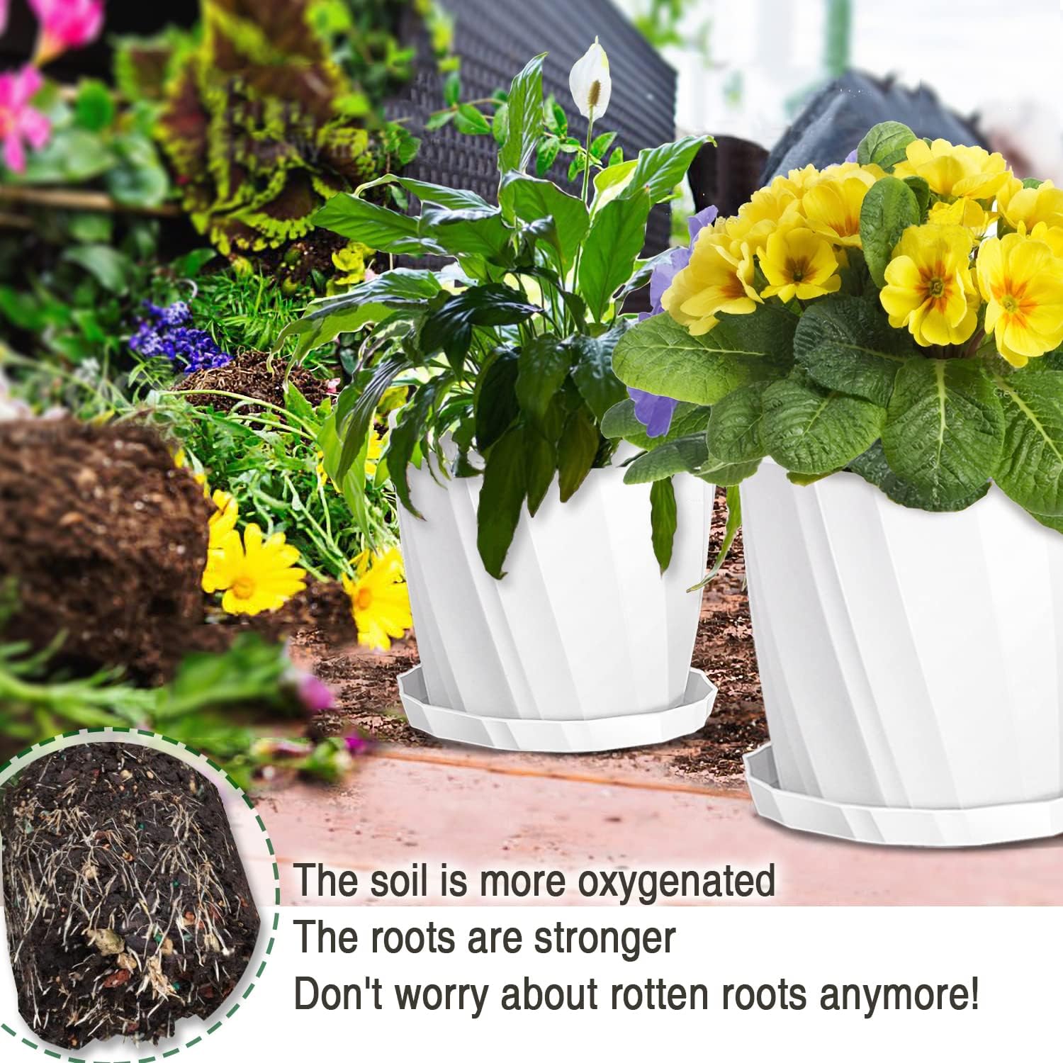 8 Inch Plant Pots with Drainage Holes and Saucers - Flower Pots for Indoor Plants - White Plastic Planters for Outdoor