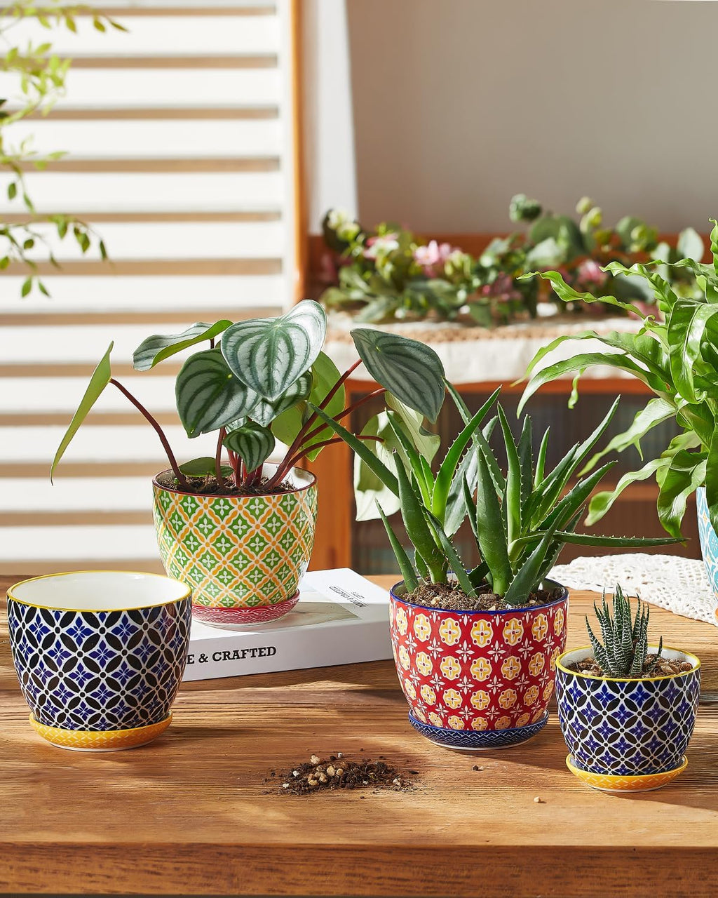 Metahom Ceramic Plant Pots, 4.9 Inch Flower Pots with Drainage Hole & Saucer, Colorful Planter Pots for Houseplants