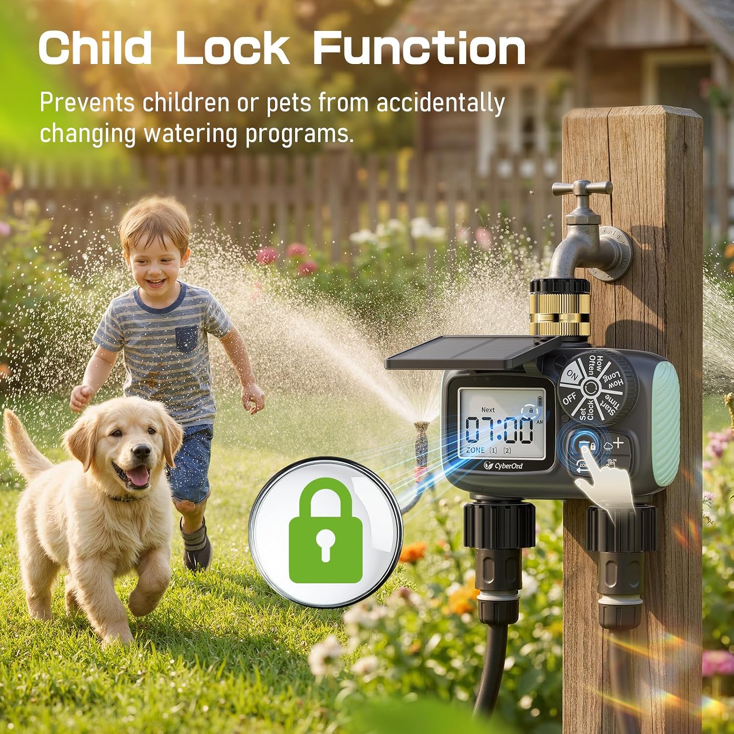 2 Zone Solar Water Timer, Hose Timer with Solar Charging | Sprinkler Timers for Garden Hose with Auto/Manual/Rain Delay