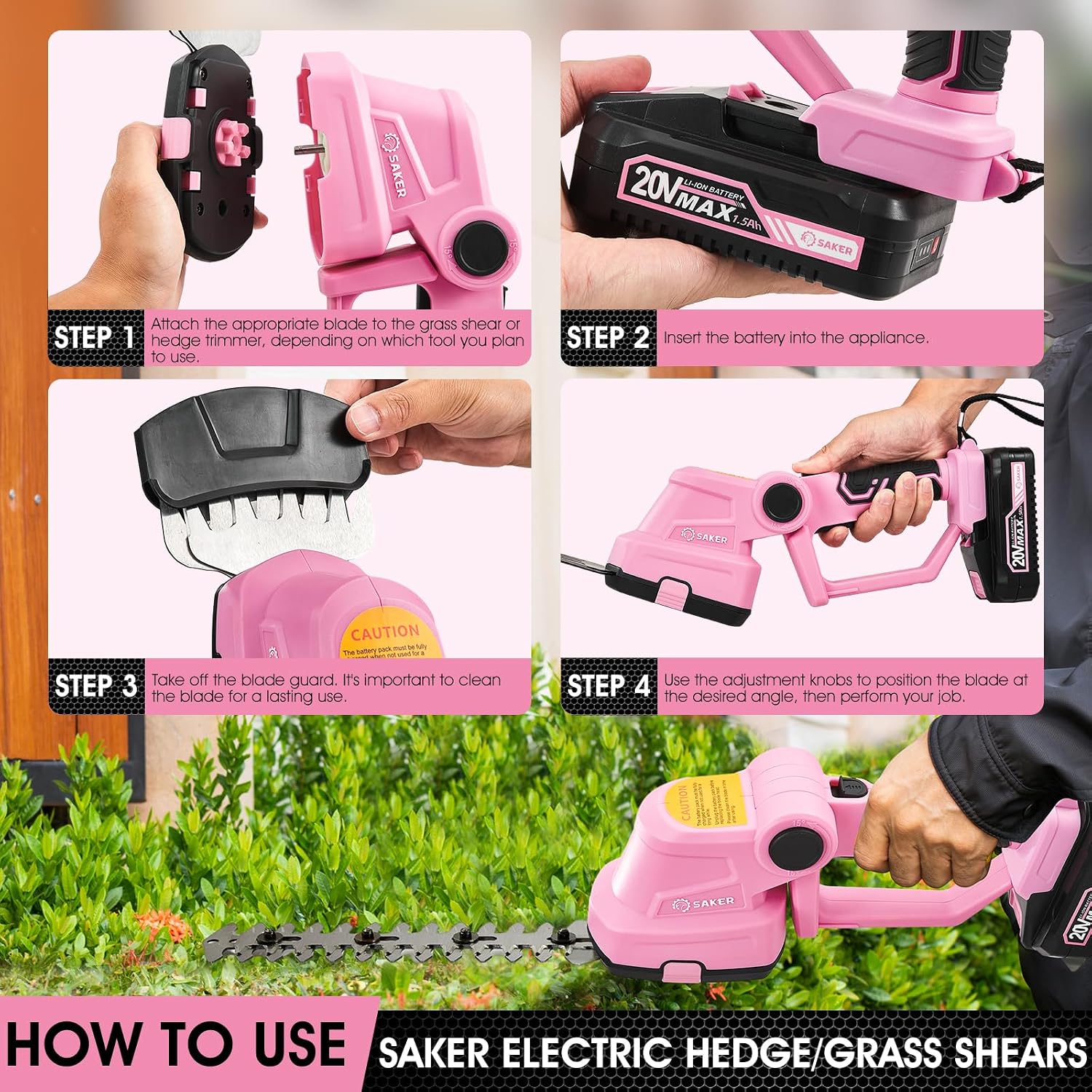 Saker Cordless Hedge Trimmer-20V Electric Shrub Trimmer Grass Shears Handheld Grass Cutter, Hedge Shear with 1 PCS