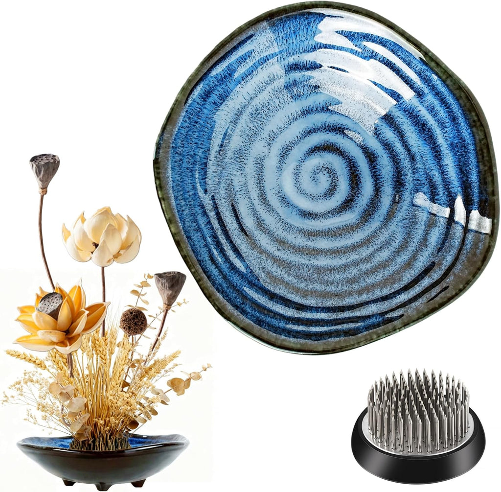 Ikebana Vase Kit - Flower Frog Bowl Set, Japanese Inspired Ceramic Vase with Metal Floral Frog, Flower Stem Holder Bowl Flower Arrangement Decoration (Blue-Small)