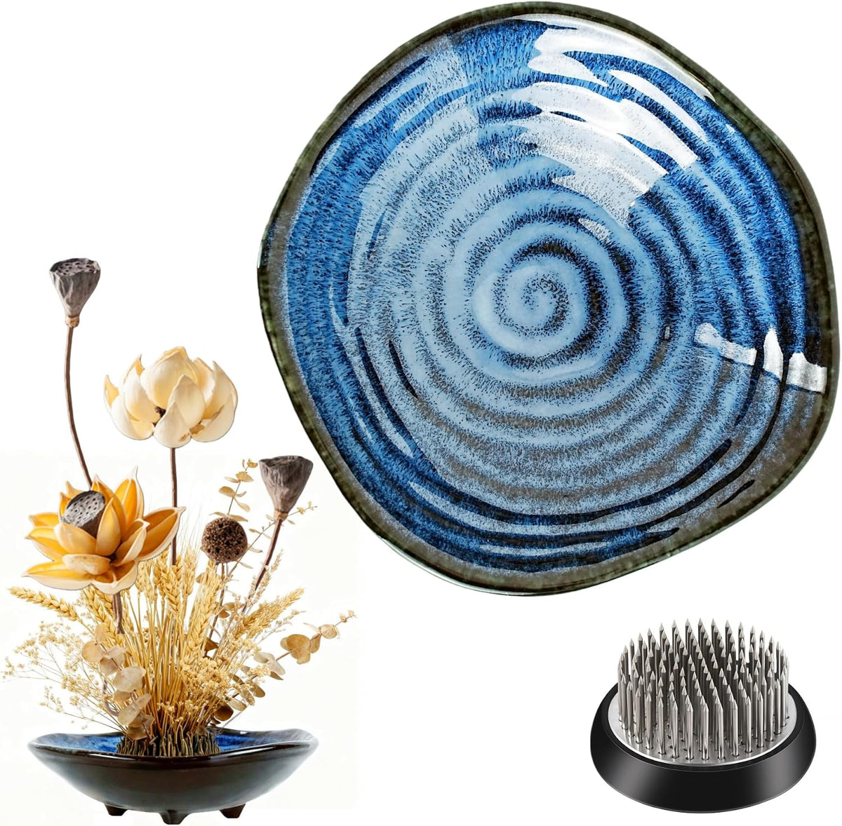 Ikebana Vase Kit - Flower Frog Bowl Set, Japanese Inspired Ceramic Vase with Metal Floral Frog, Flower Stem Holder Bowl Flower Arrangement Decoration (Blue-Small)
