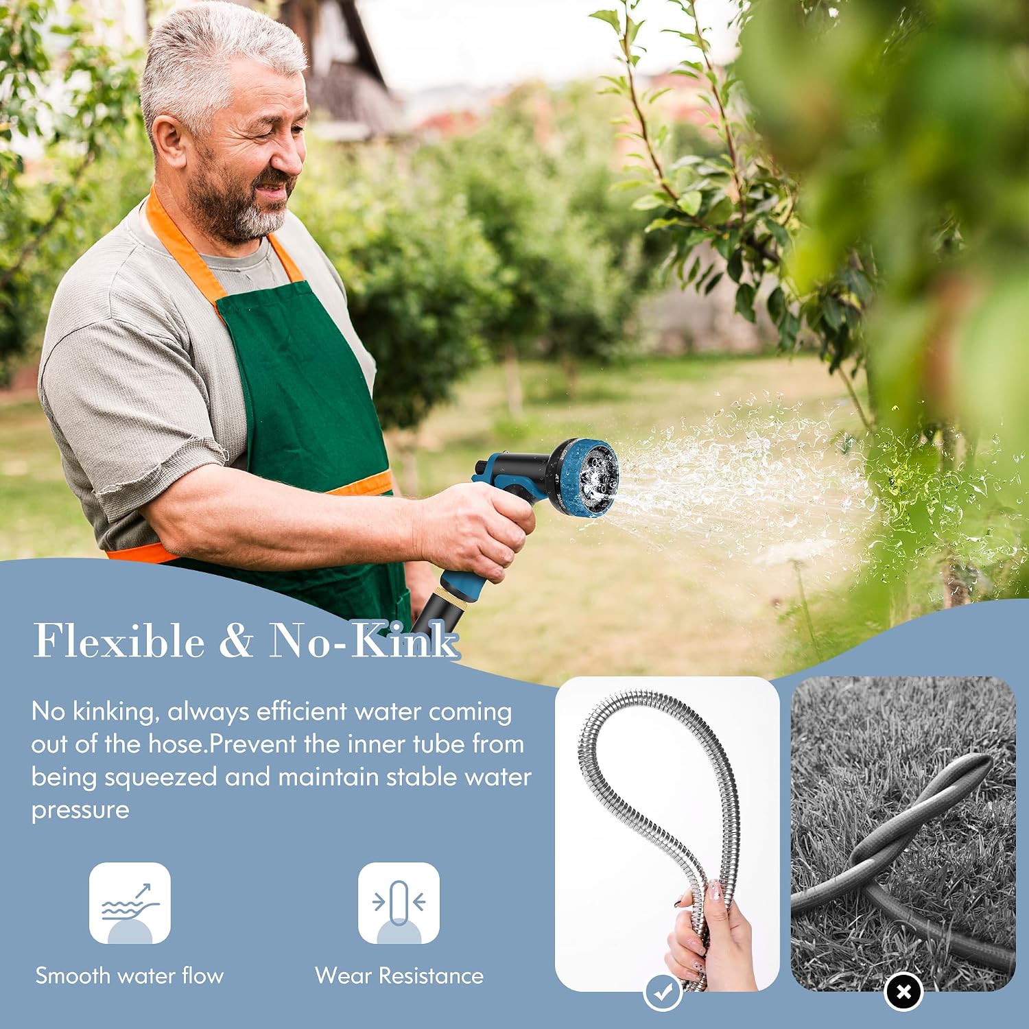 Metal Garden Hose 50FT with 10-Function Nozzle, No-Kink Water Hose | Metal Hoses with Leak-proof Connectors