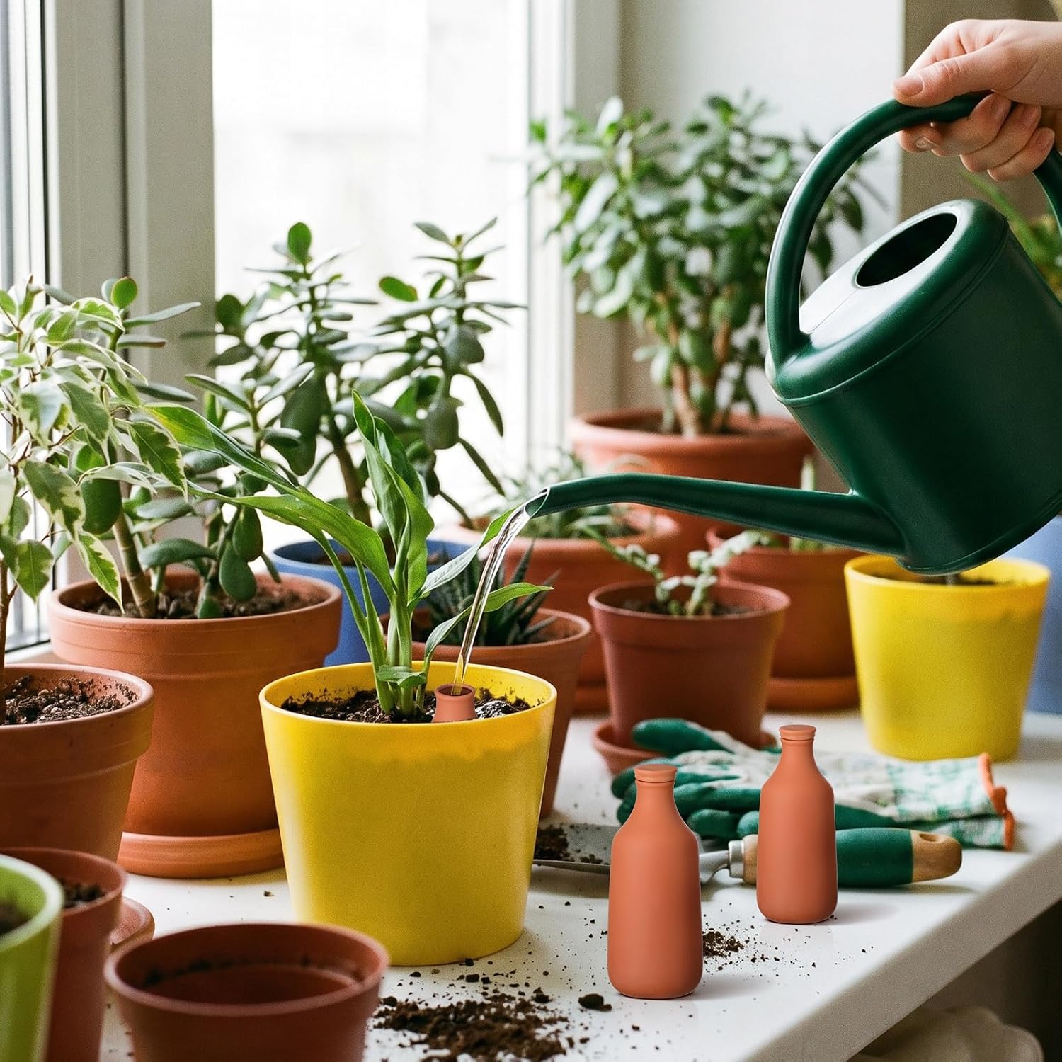 DoubleFill 4 Pcs 10, 16, 24 oz Ollas Terracotta Watering Pots Self Watering Planter Insert Terracotta Globes Clay for