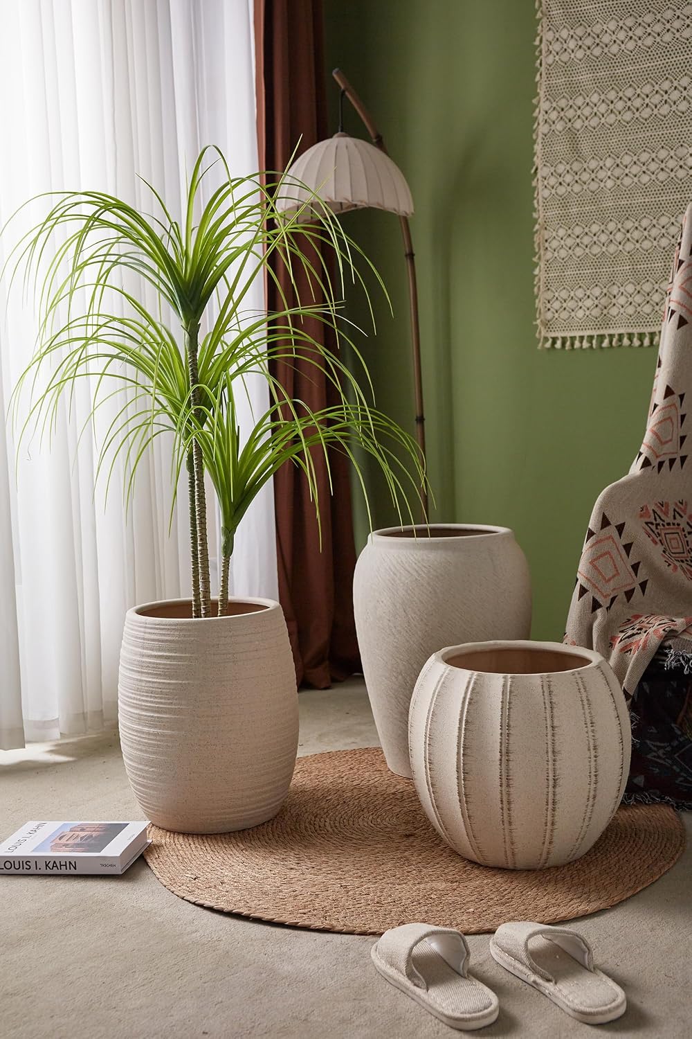 VISIBLE Large Round Ceramic Planter Pot, Beige, Radish Stripes Shape, 10.6 Inch Opening, 20.5 Inch Tall, Indoor Outdoor