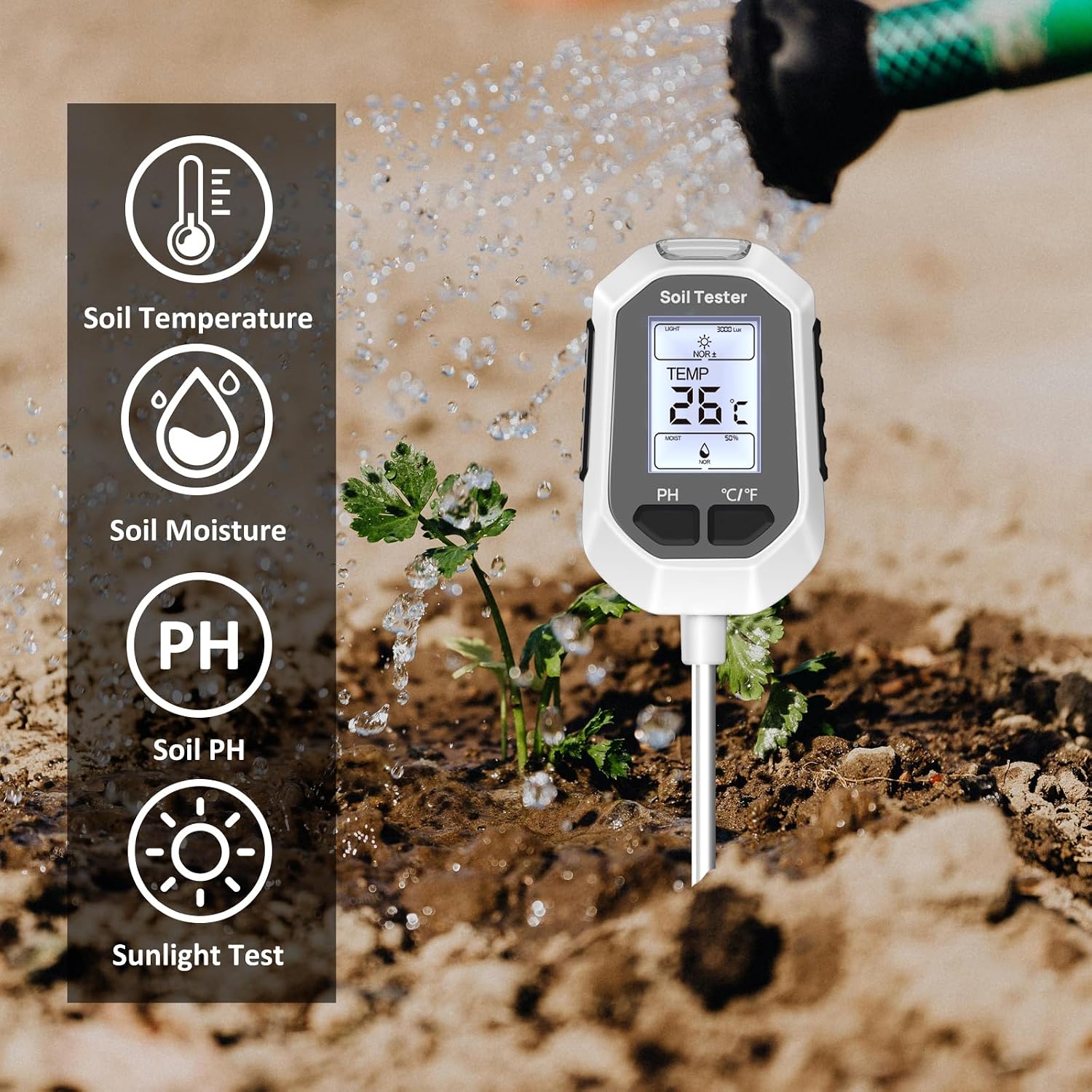 YAMRON 4-in-1 Soil Moisture Meter Digital Plant Temperature/Soil Moisture/pH Meter/Sunlight Intensity Backlight LCD