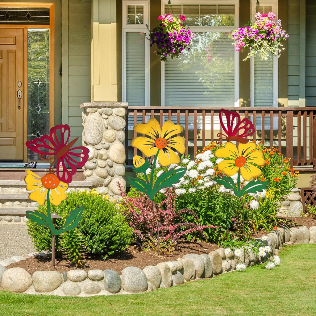 3-Pack Metal Flowers for Outside, 30-Inch Metal Yard Art | Decorative garden stakes with flower and butterfly designs;