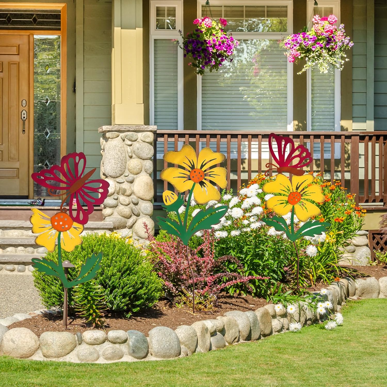 3-Pack Metal Flowers for Outside, 30-Inch Metal Yard Art | Decorative garden stakes with flower and butterfly designs;