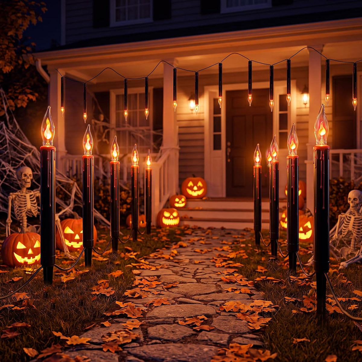 Abeja Halloween Pathway Lights, 19.5FT C18 Flicker Flame Candles, 10 Stakes