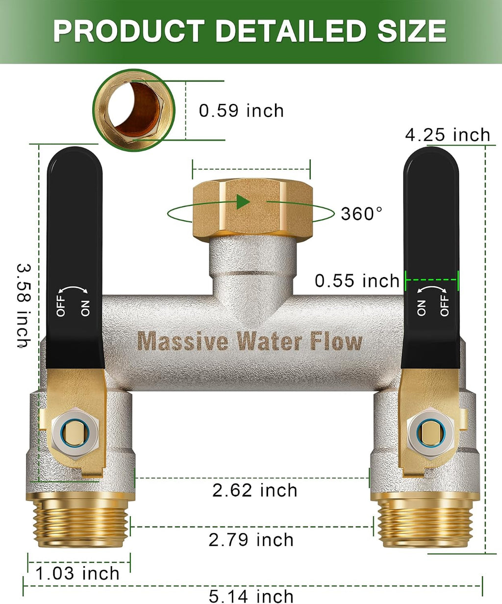 Hose Splitter 2 Way Heavy Duty, Brass Garden Hose Splitter | 304 Stainless Steel Long Handle, Full Flow Nickel Plated