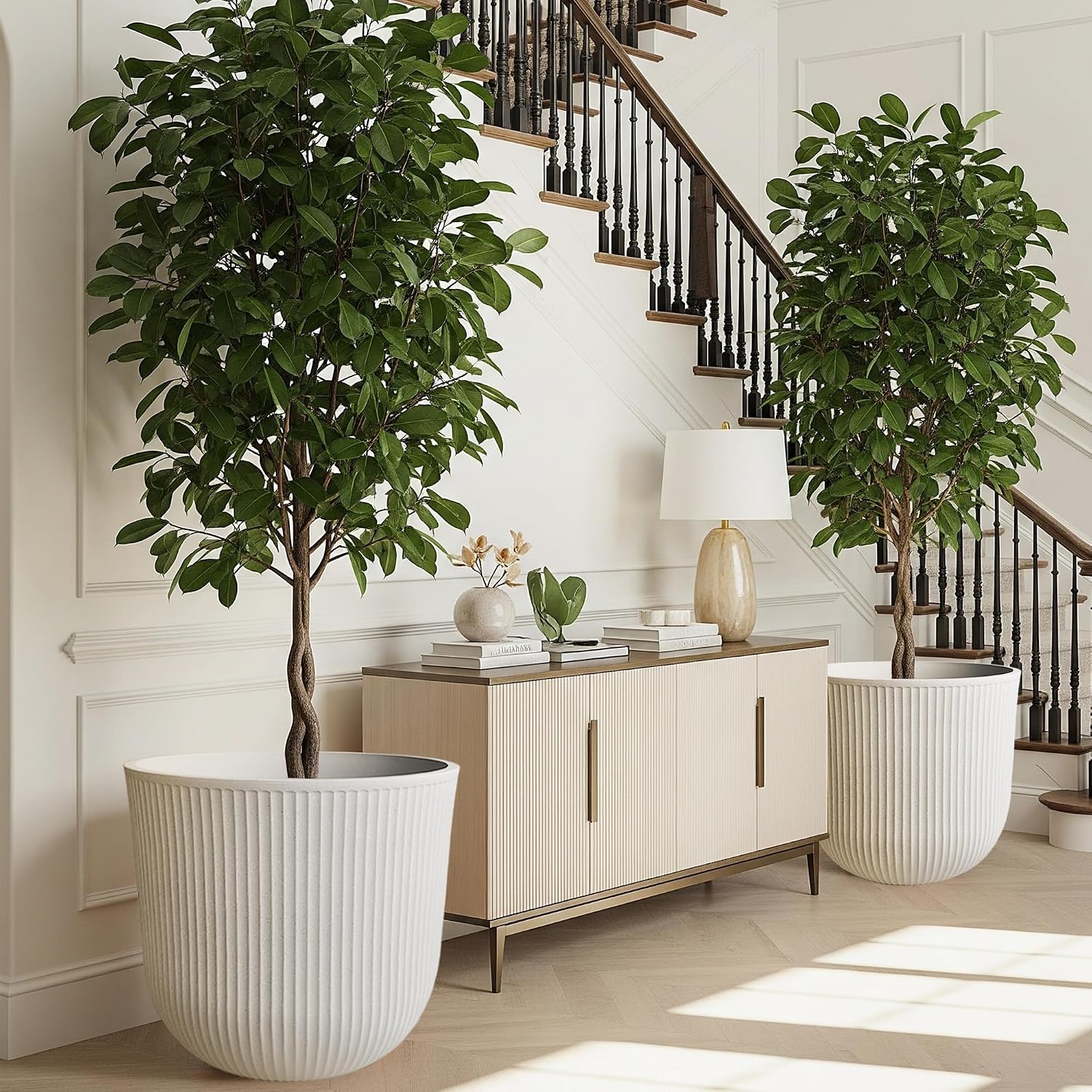 Worth Garden Round Large Planter Pot Set of 2-17.5" Dia x 15.5" H - Durable Plastic Beige Plant Tree Pots with Vertical
