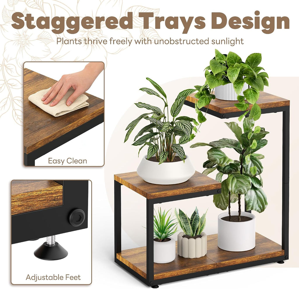 3 Tier Plant Stand Indoor, Thickened Metal Wood Corner Plant Shelf Stands for Multiple Plants, Indoor Tall Plants Stand